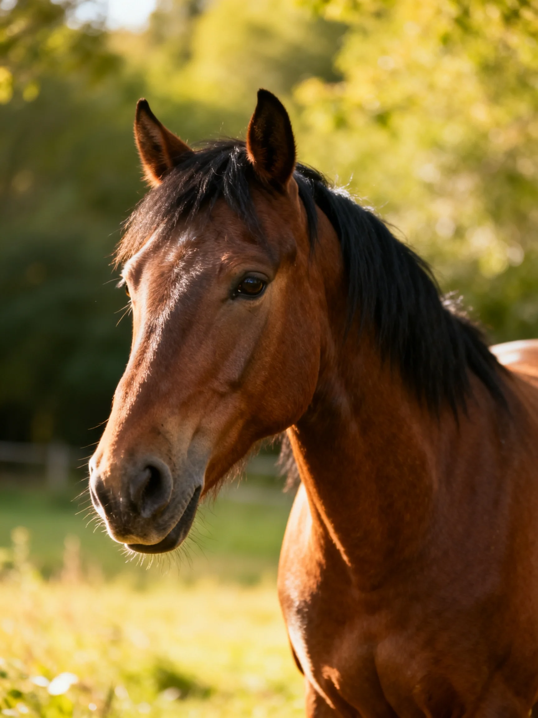 A chestnut horse stands in a sunlit field with greenery in the background.