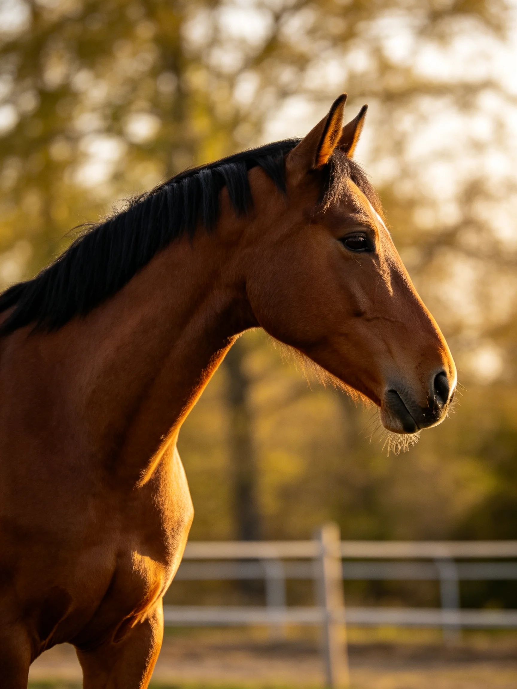 A chestnut horse stands in a sunlit paddock near a wooden fence.