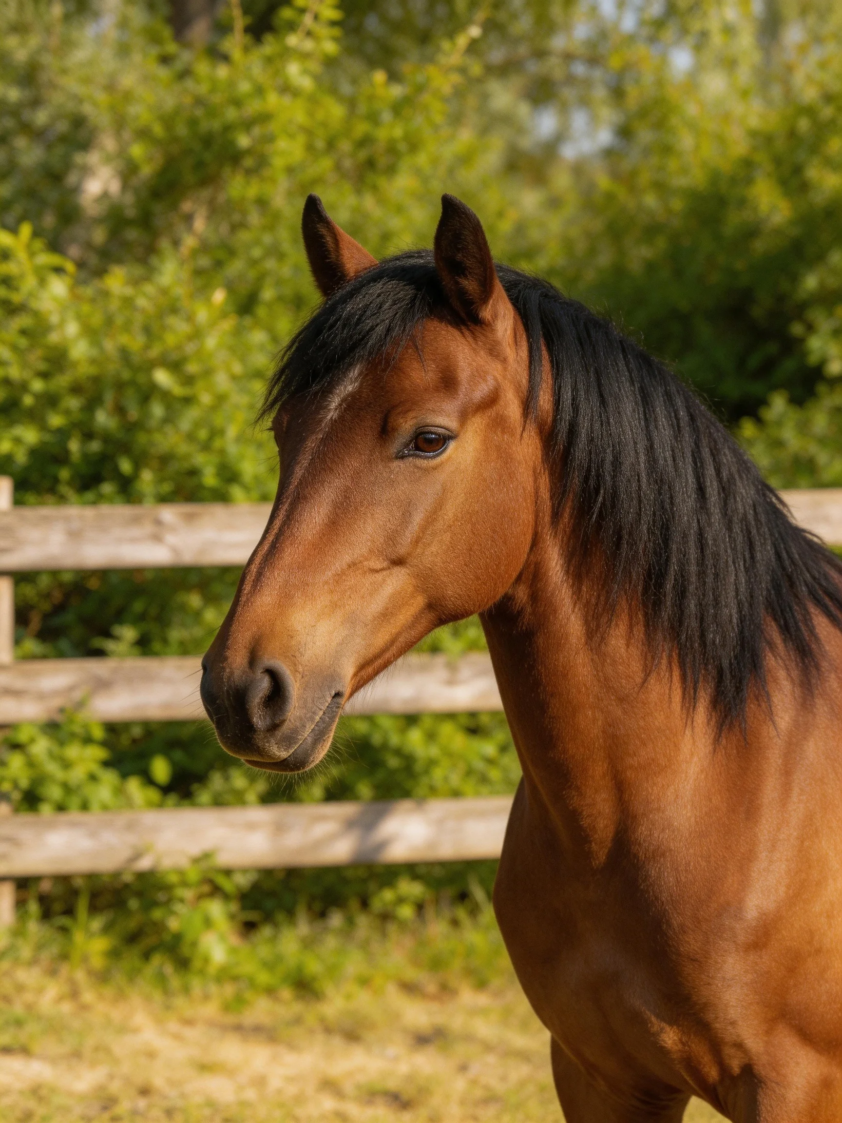 A chestnut horse stands near a wooden fence with green foliage in a sunlit setting.