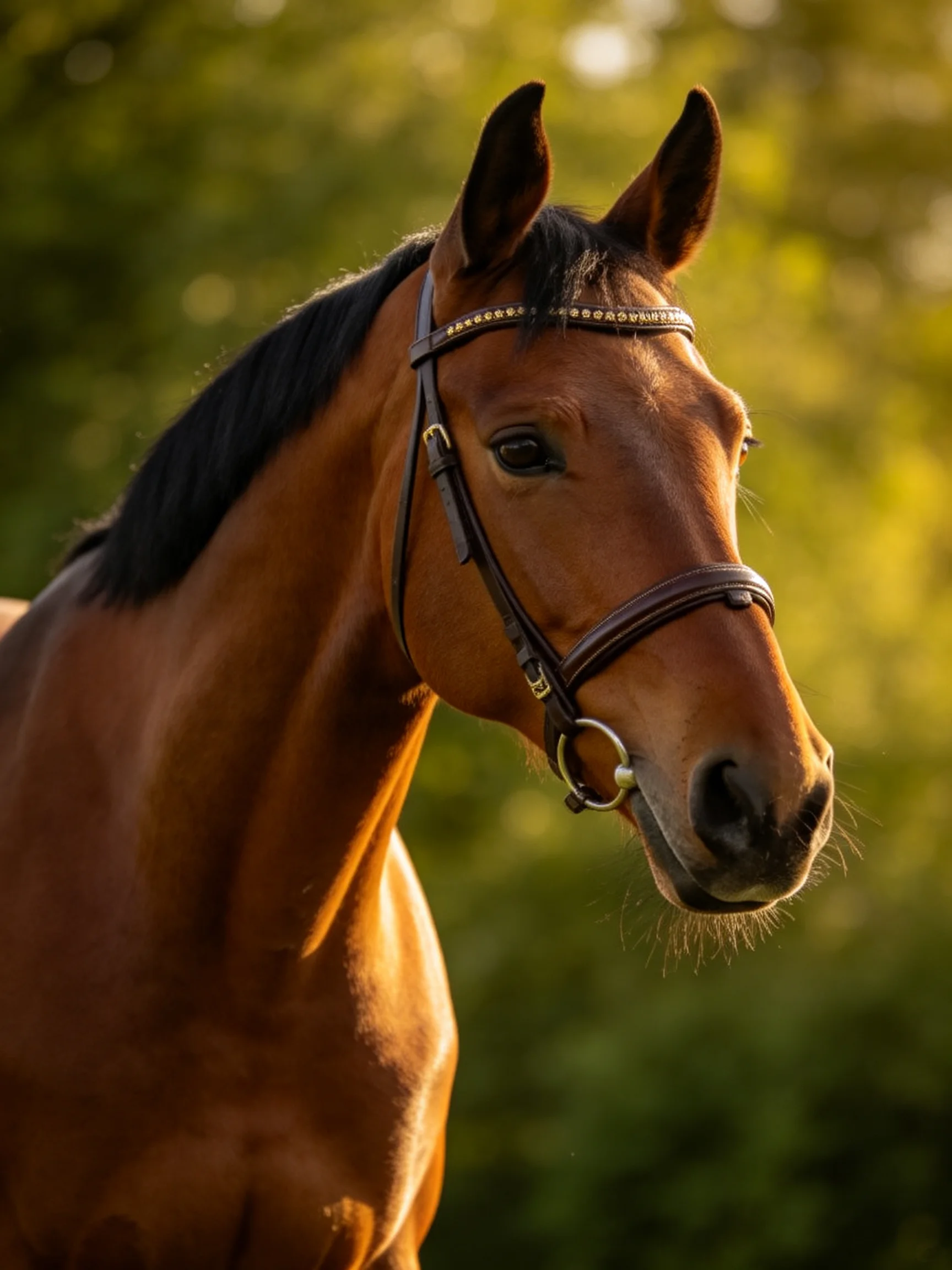 A chestnut horse with a black mane stands in a sunlit, verdant outdoor space.