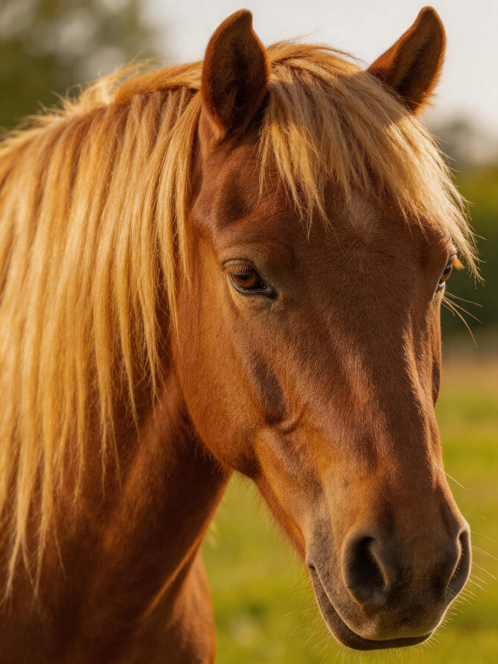 Close - up of a chestnut horse with a golden mane in a sunlit outdoor setting.