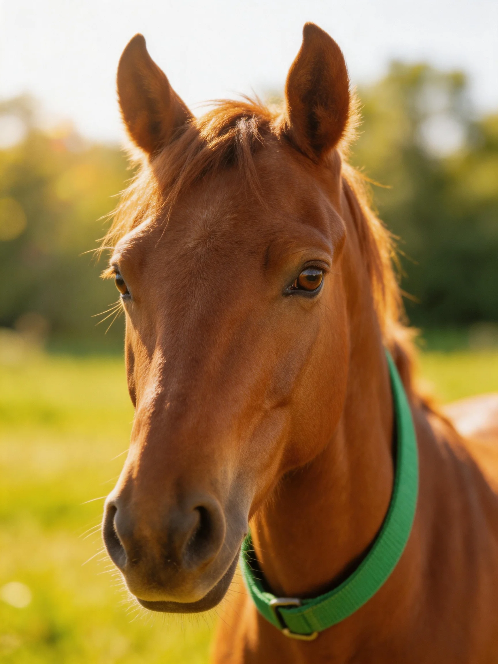 A chestnut horse with a green collar in a sunlit meadow