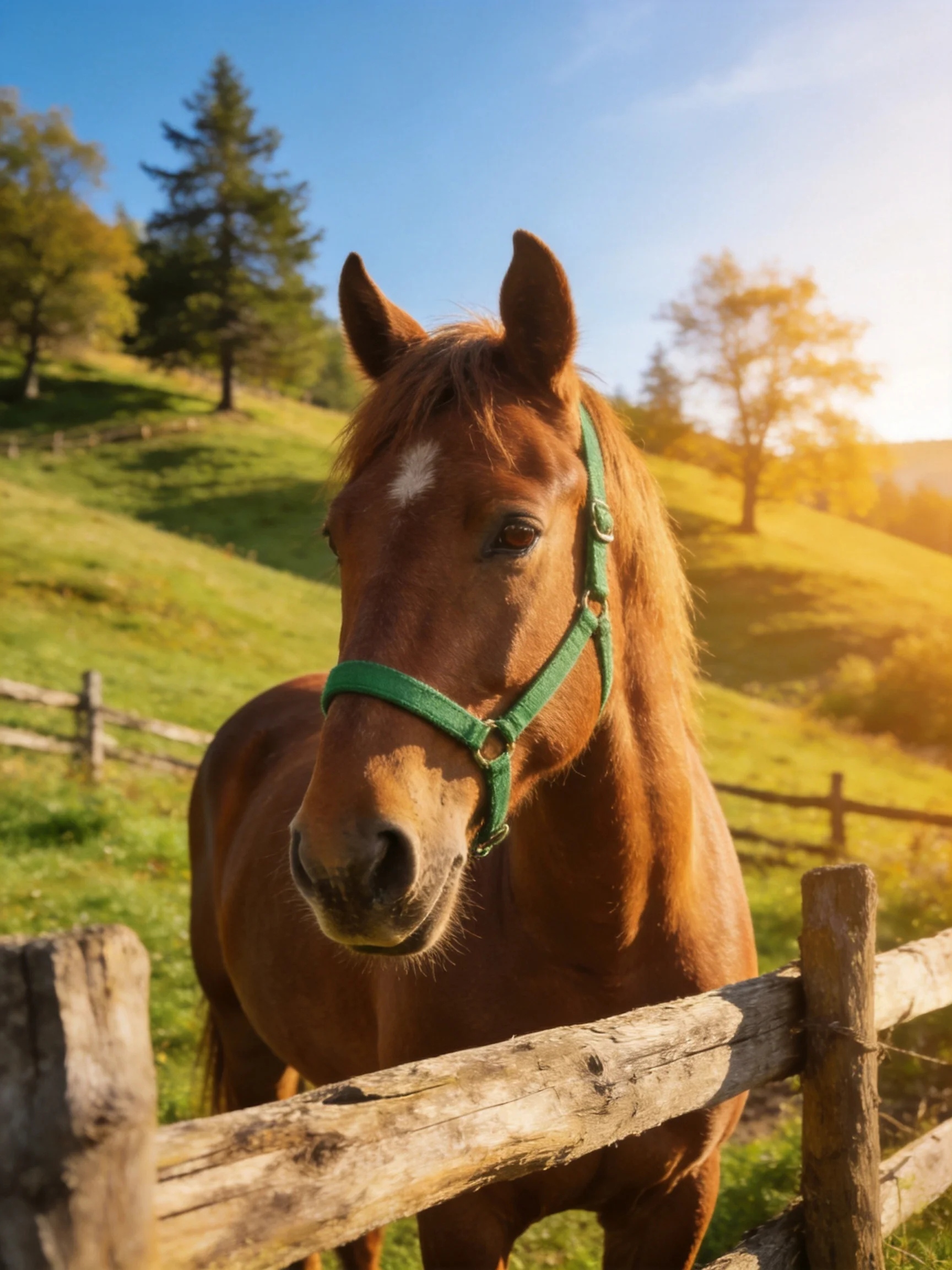 A chestnut horse with a green halter near a wooden fence in a sunlit meadow