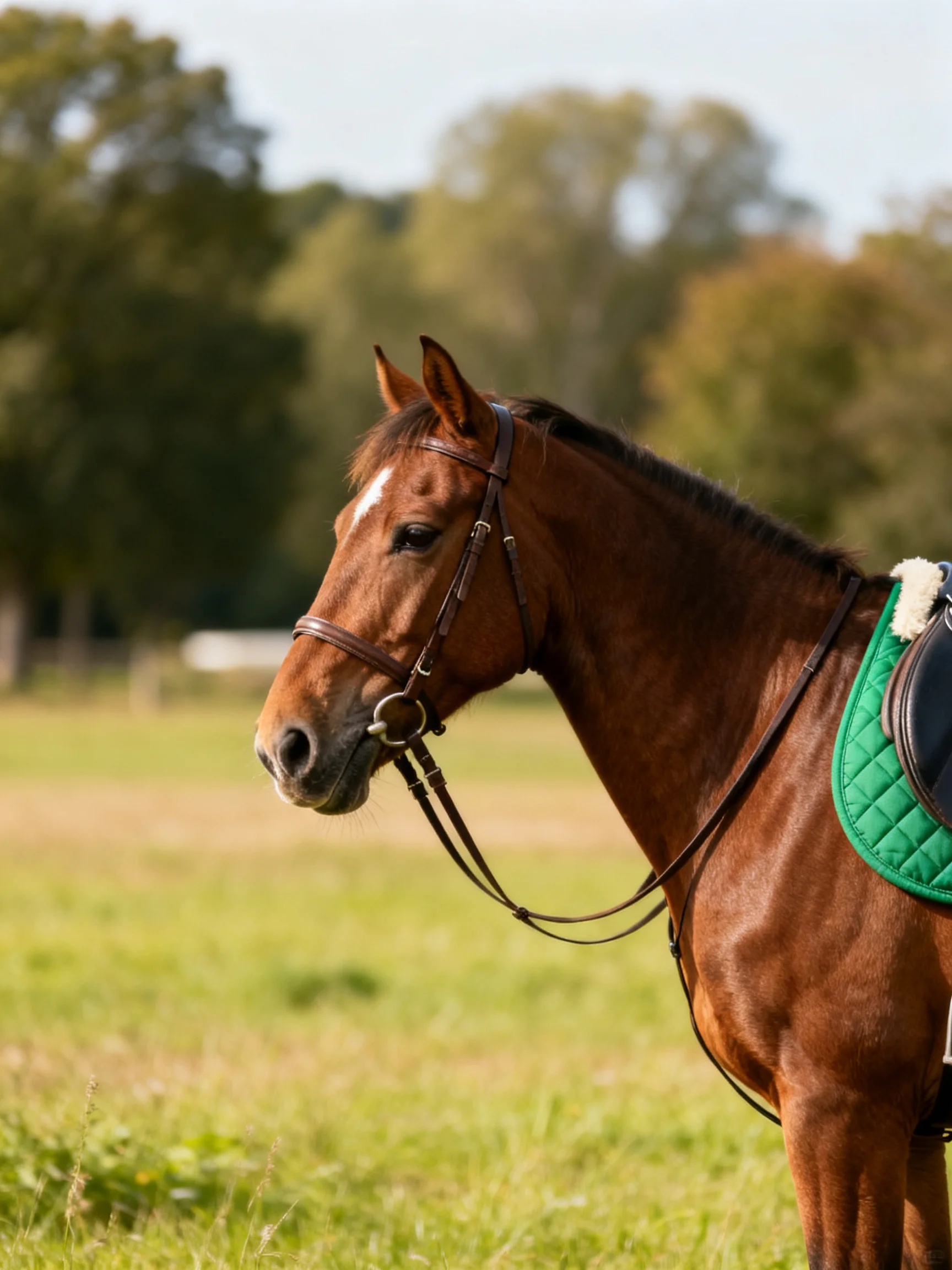 A chestnut horse with riding equipment stands in a sunlit meadow.