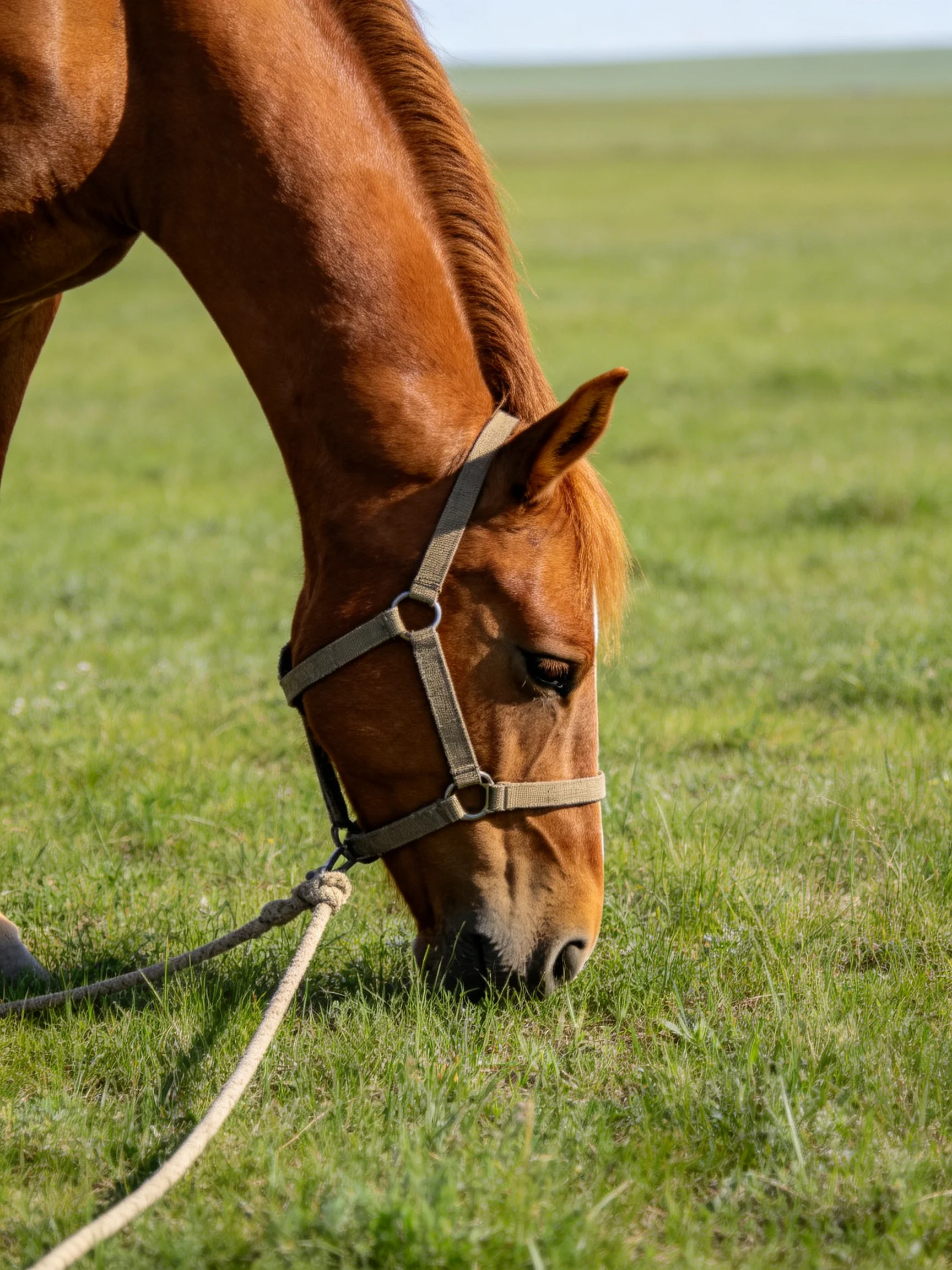 A chestnut horse with a halter grazes in a lush green meadow
