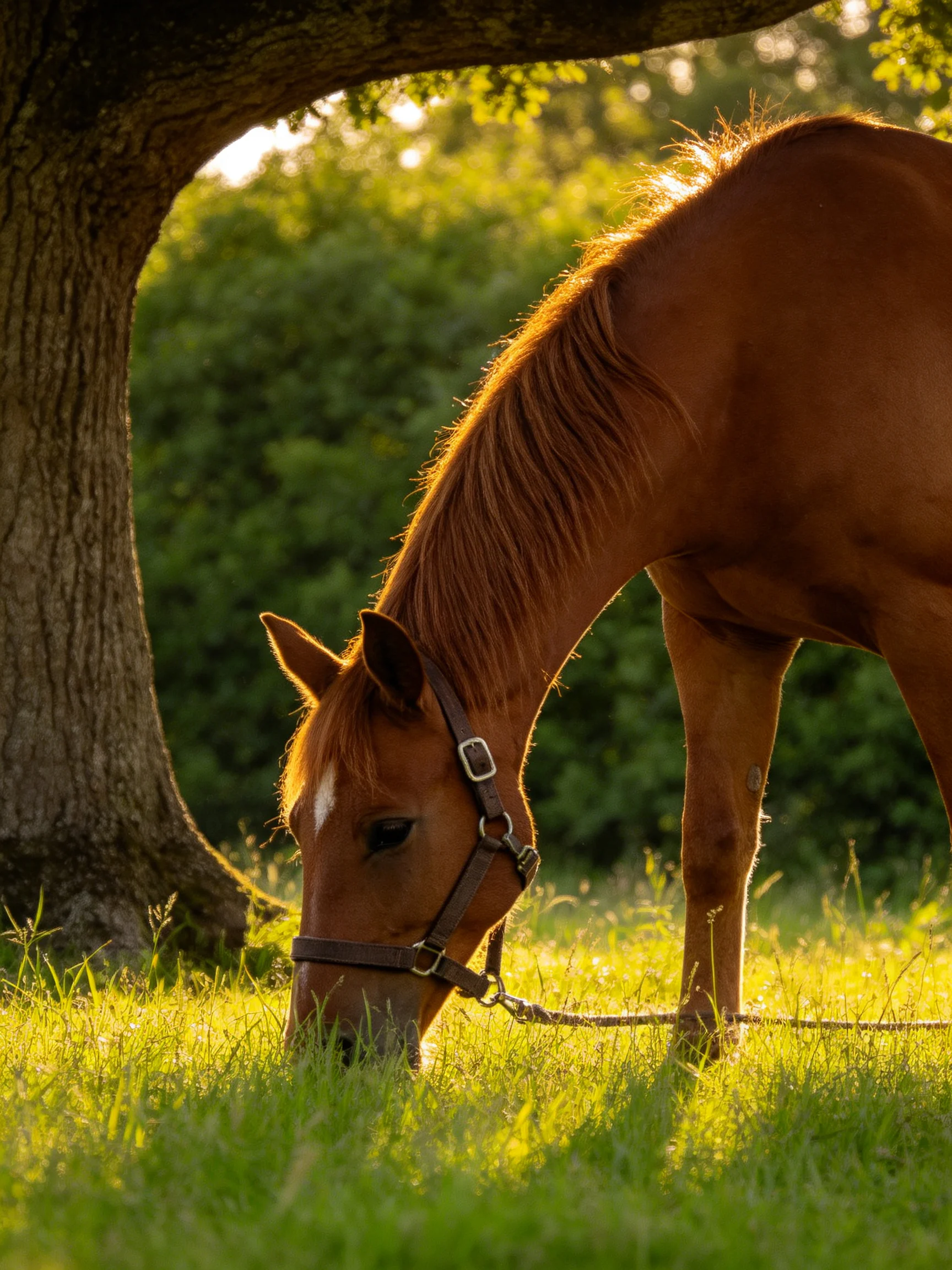 A chestnut horse with a halter grazes in a sunlit meadow next to a large tree.