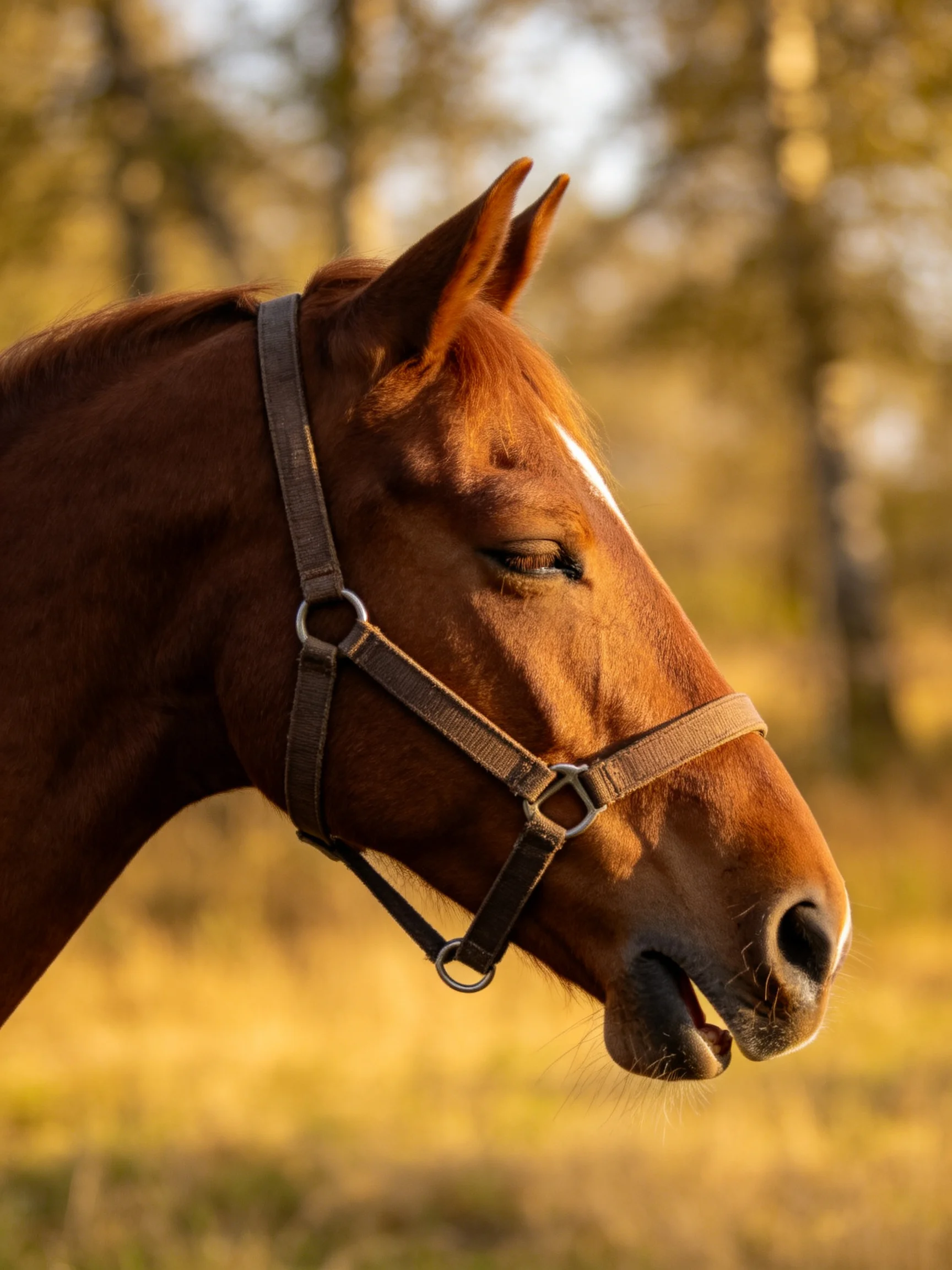 A chestnut horse with a halter in a golden landscape