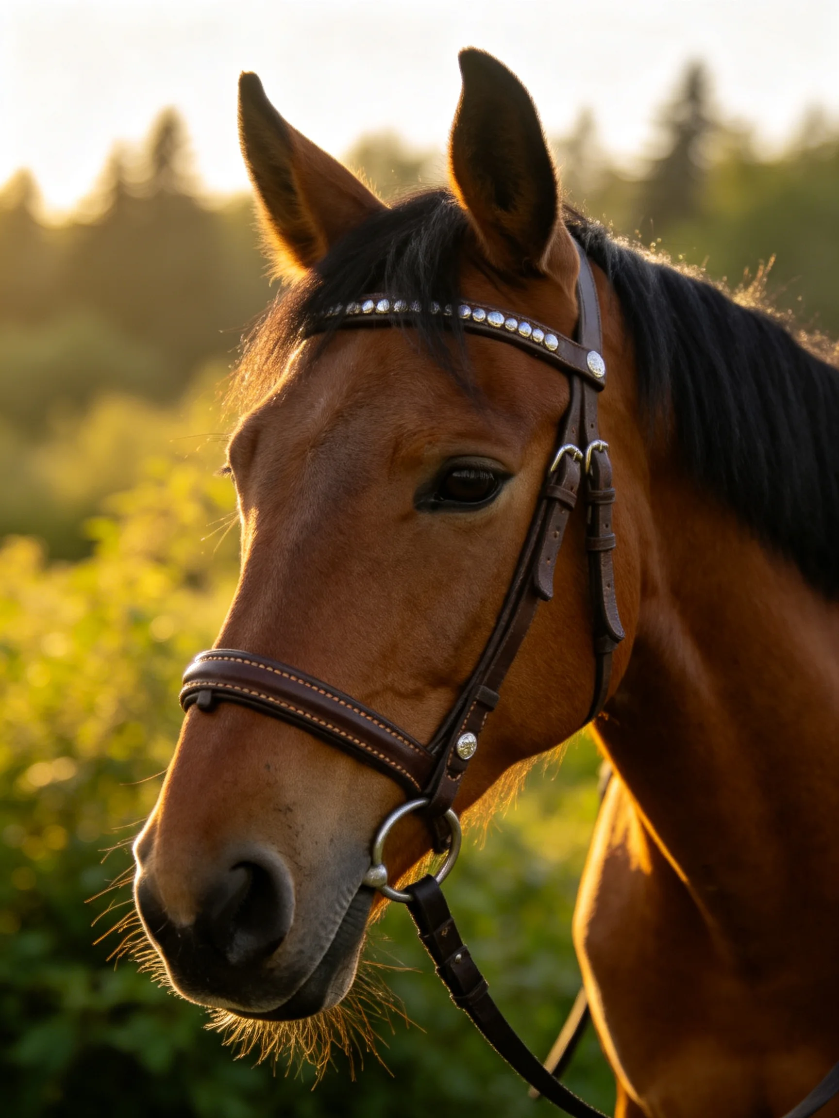 A chestnut horse with a jeweled bridle in a sunlit field