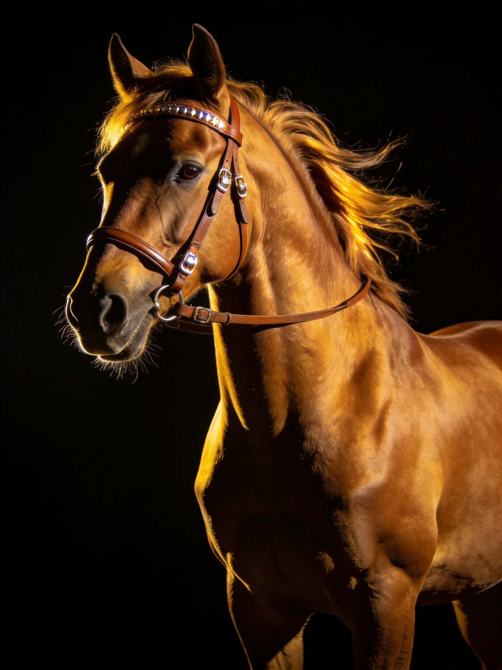 A chestnut horse with a jeweled bridle under dramatic lighting