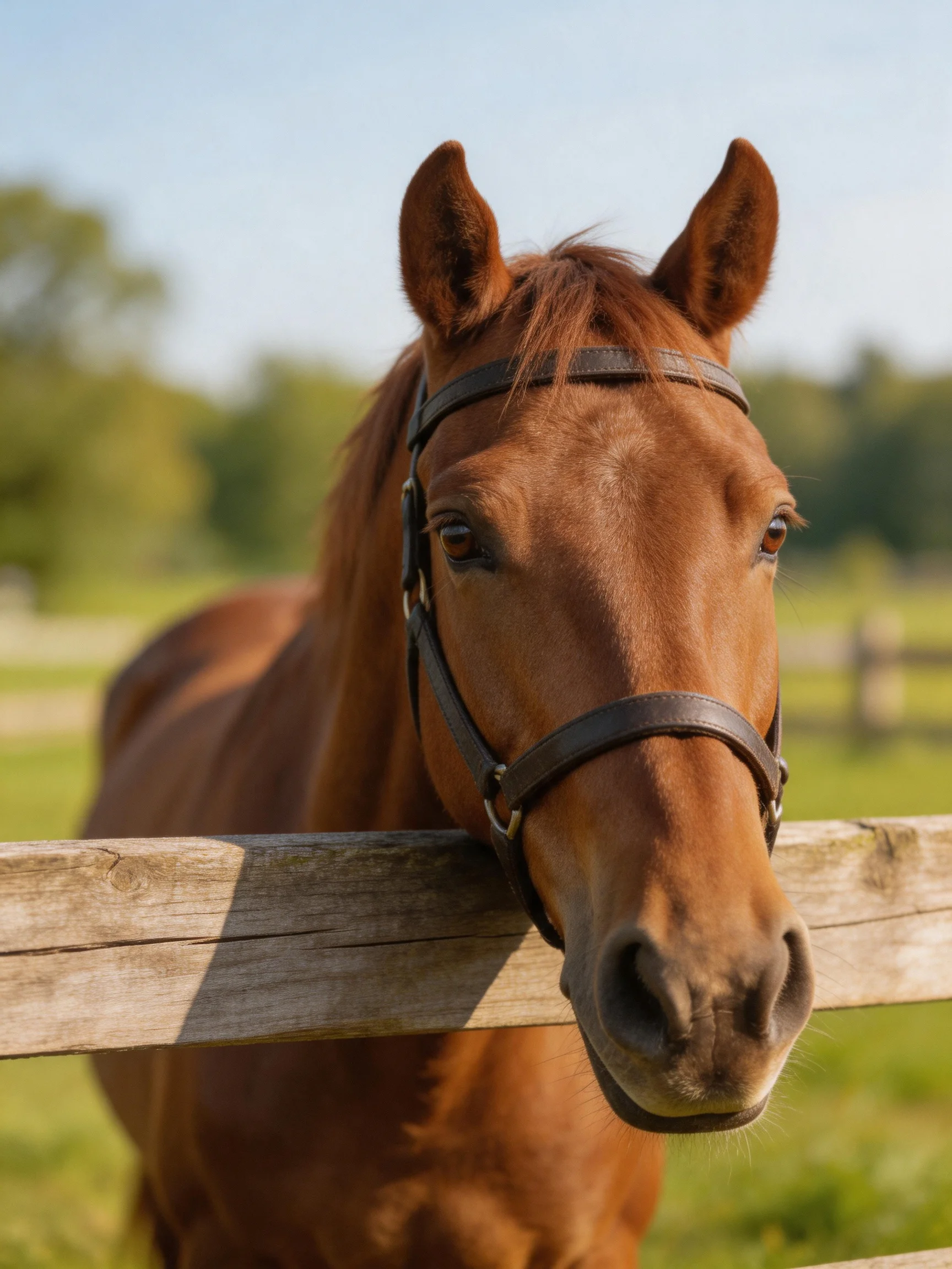 A chestnut horse with a leather bridle near a weathered wooden fence