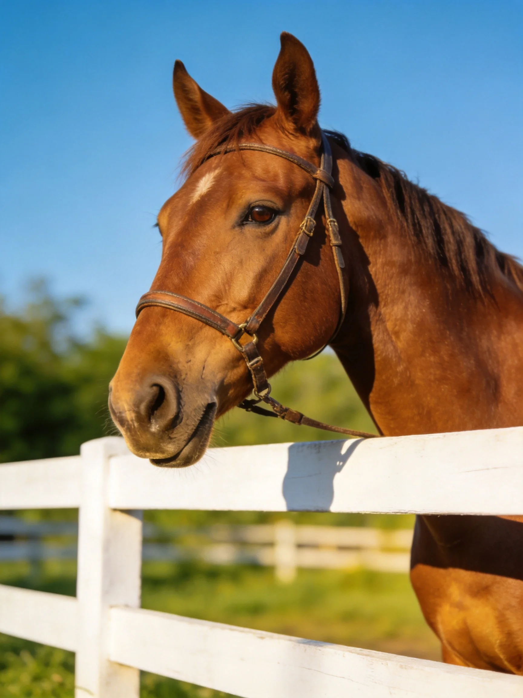 A chestnut horse with a leather bridle near a white wooden fence