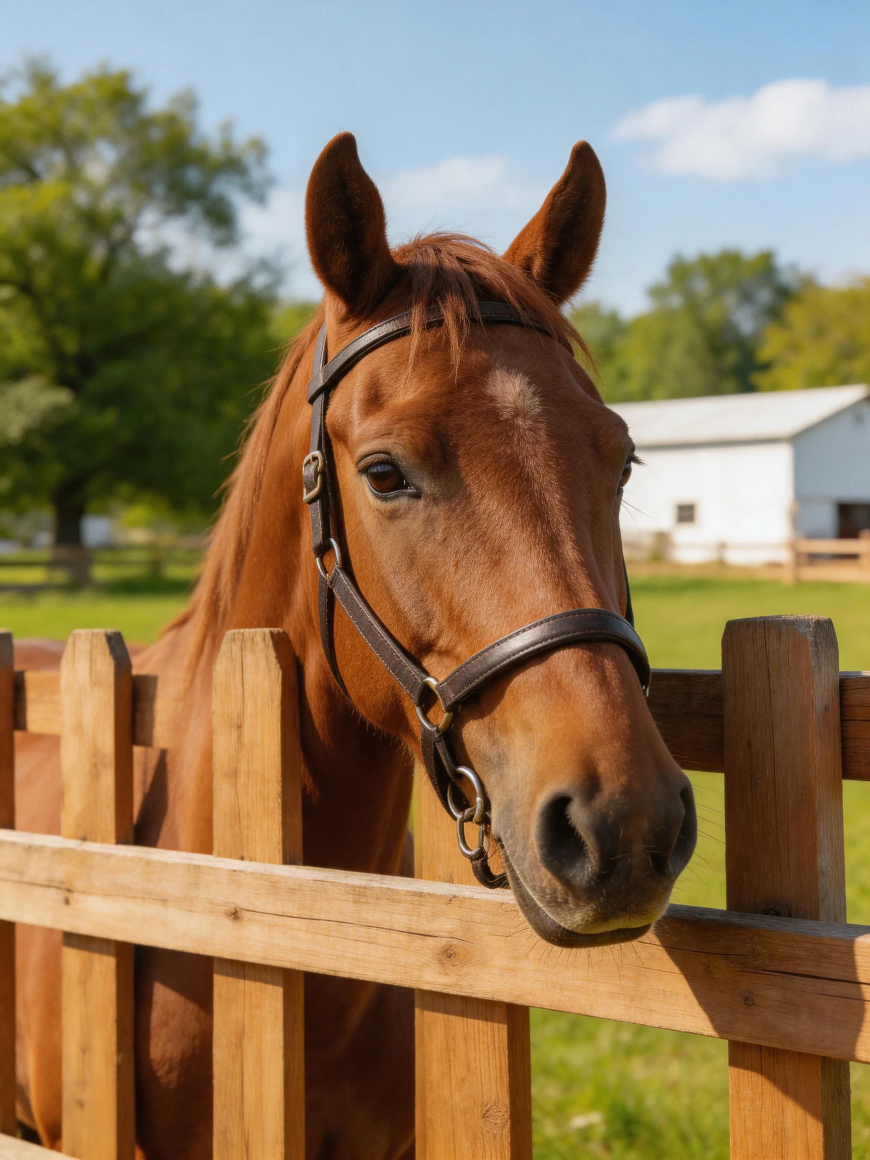 A chestnut horse with a leather bridle near a wooden fence in a sunny farmyard.