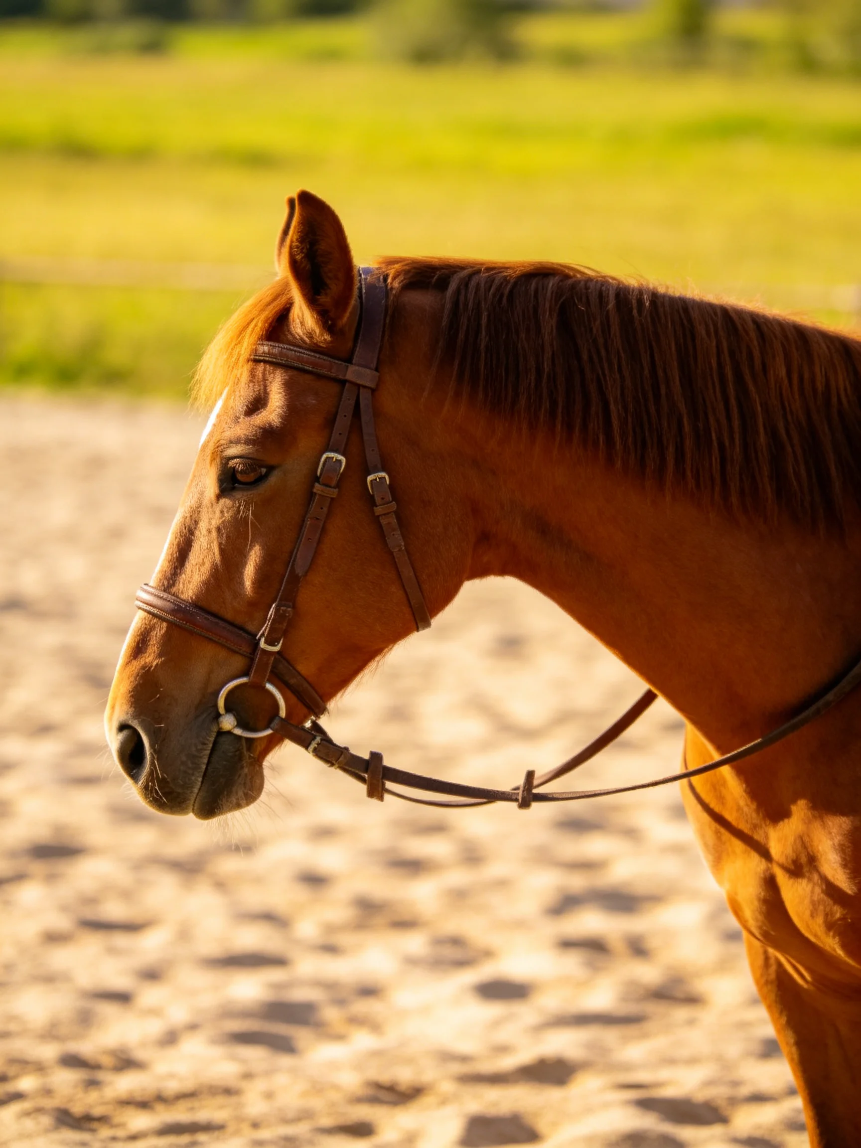 A chestnut horse with a leather bridle stands on sandy ground near a green field