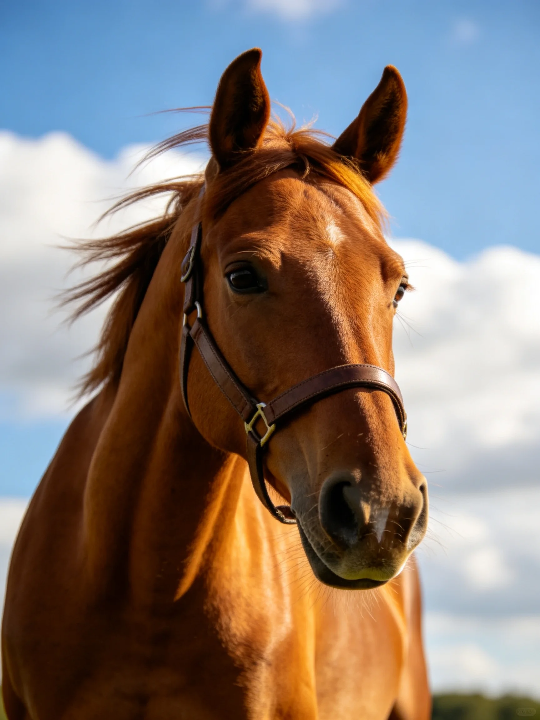 A chestnut horse with a leather bridle under a bright blue sky