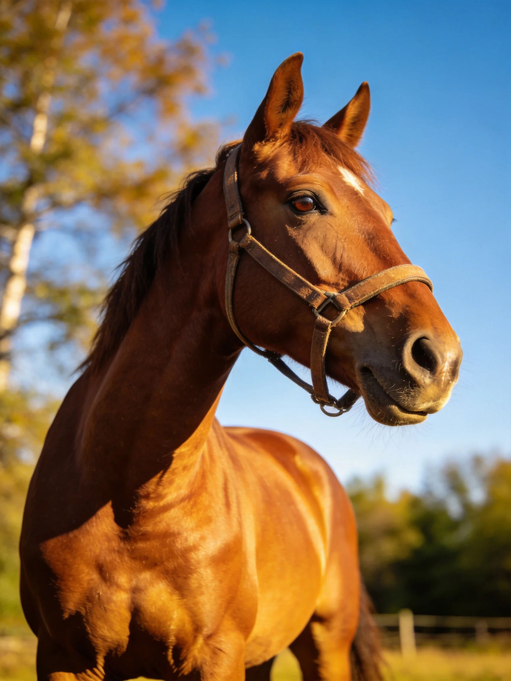 A chestnut horse with a leather halter in a sunlit outdoor setting