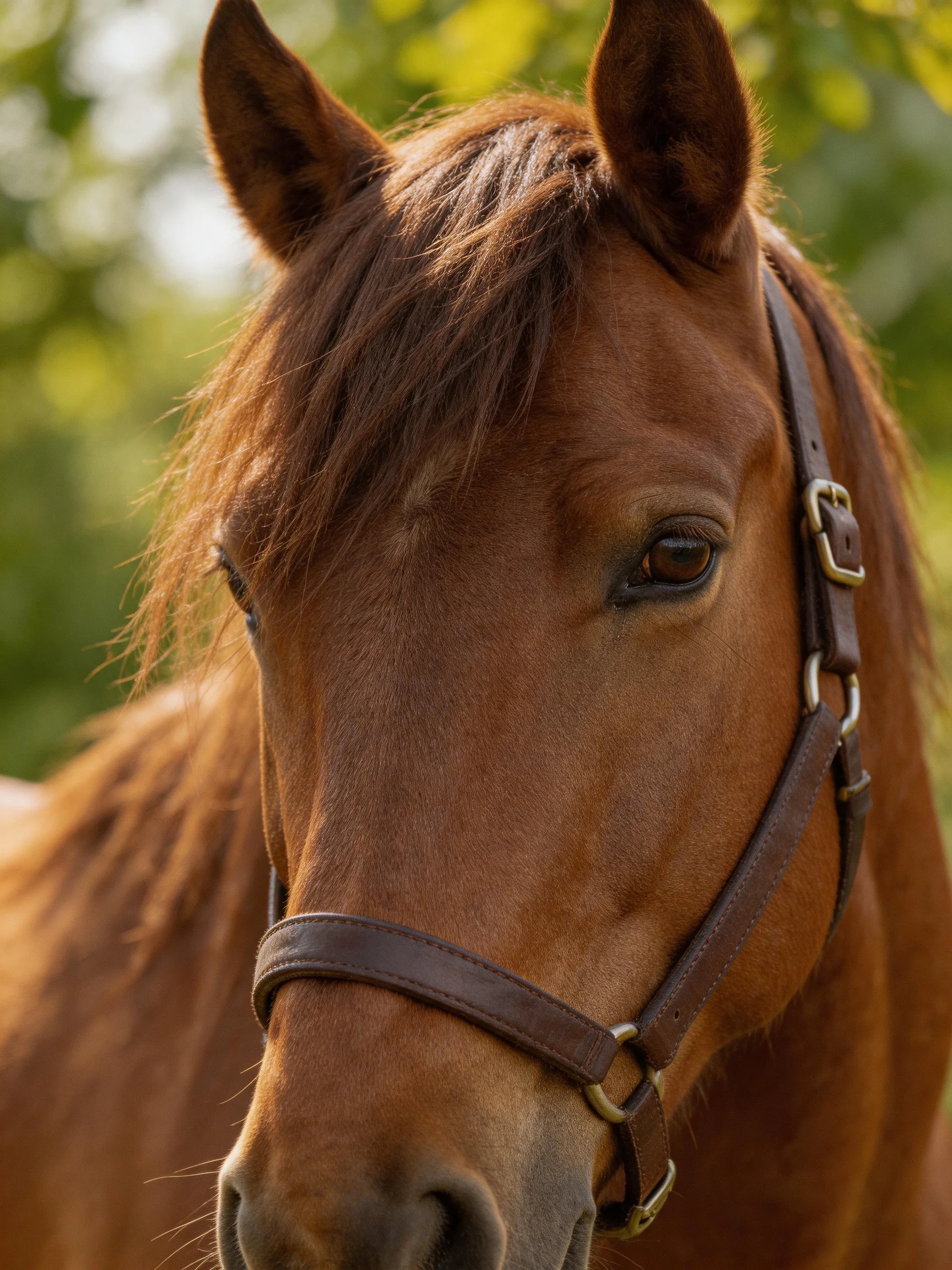 A chestnut horse with a leather halter in a sunlit outdoor setting