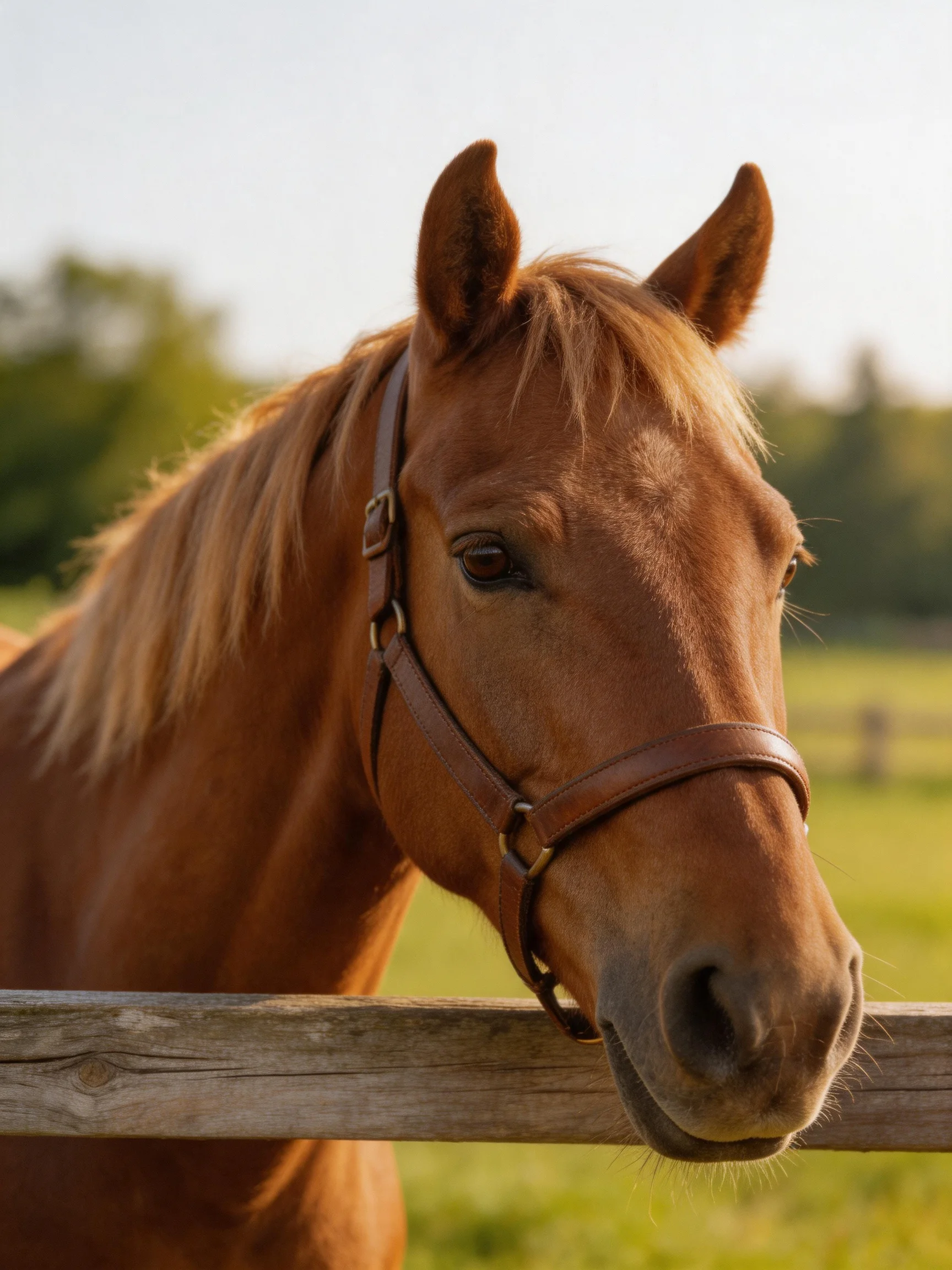 A chestnut horse with a leather halter near a weathered wooden fence