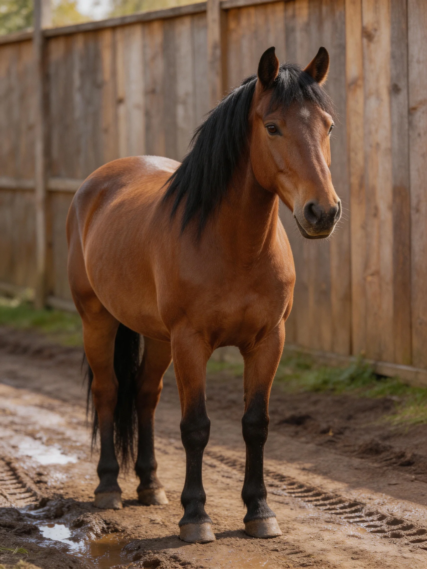 A chestnut horse with a long black mane beside a wooden fence