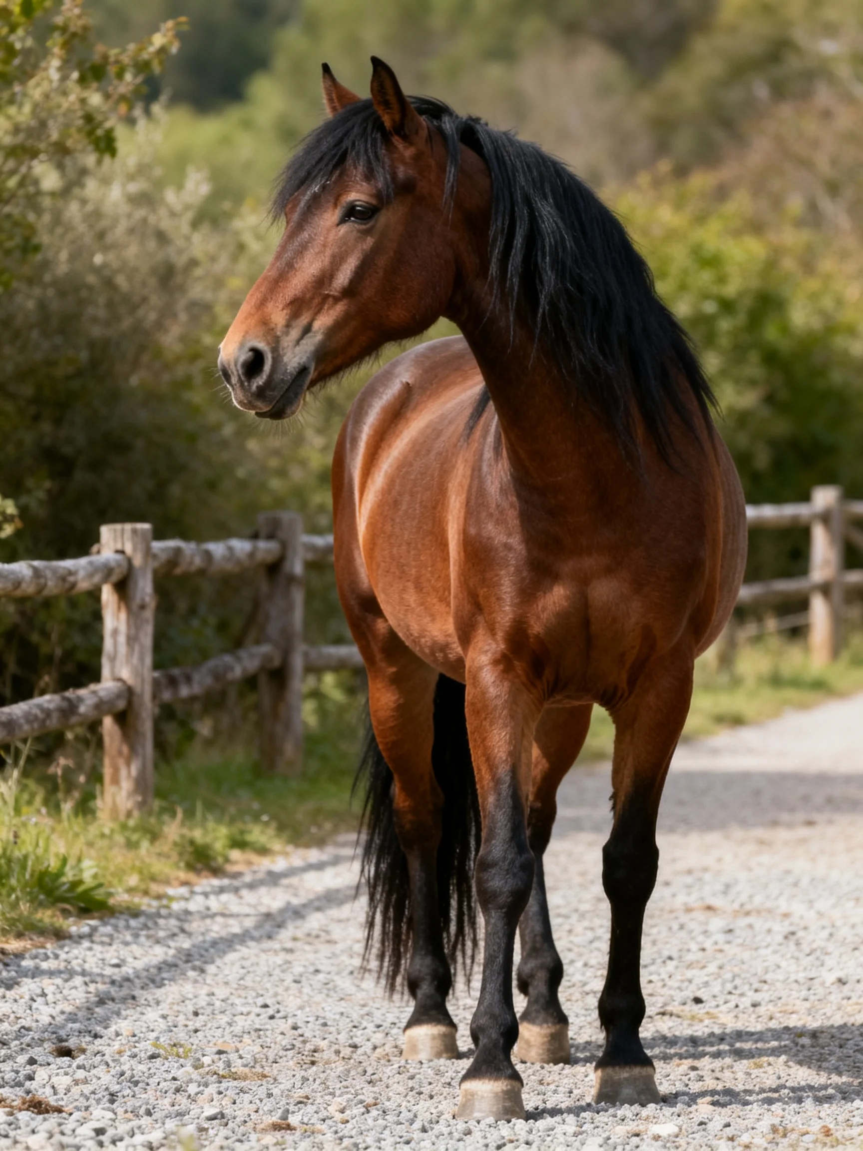 A chestnut horse with a long black mane walks along a gravel path near a wooden fence
