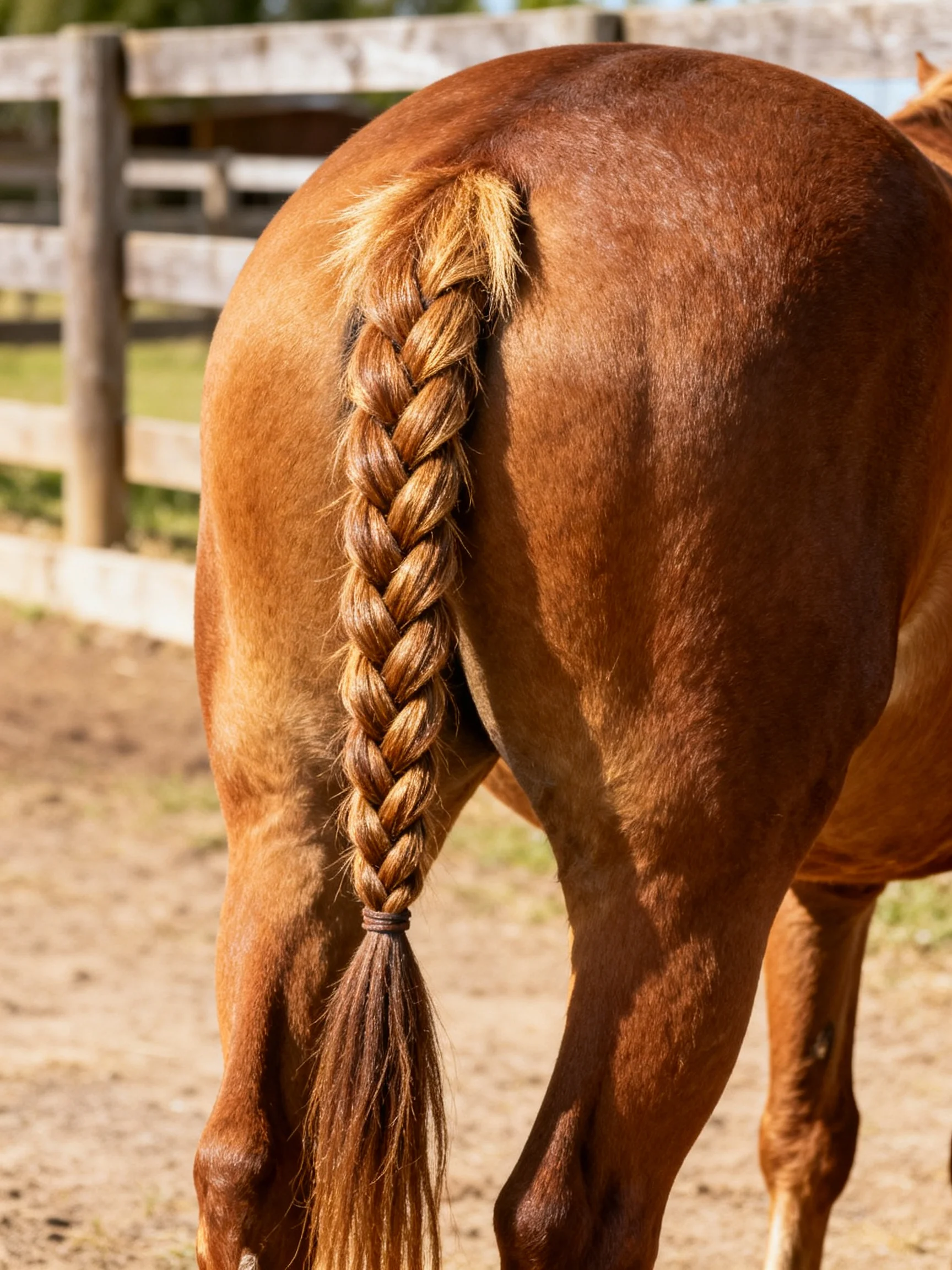 A chestnut horse with a long blonde braided tail