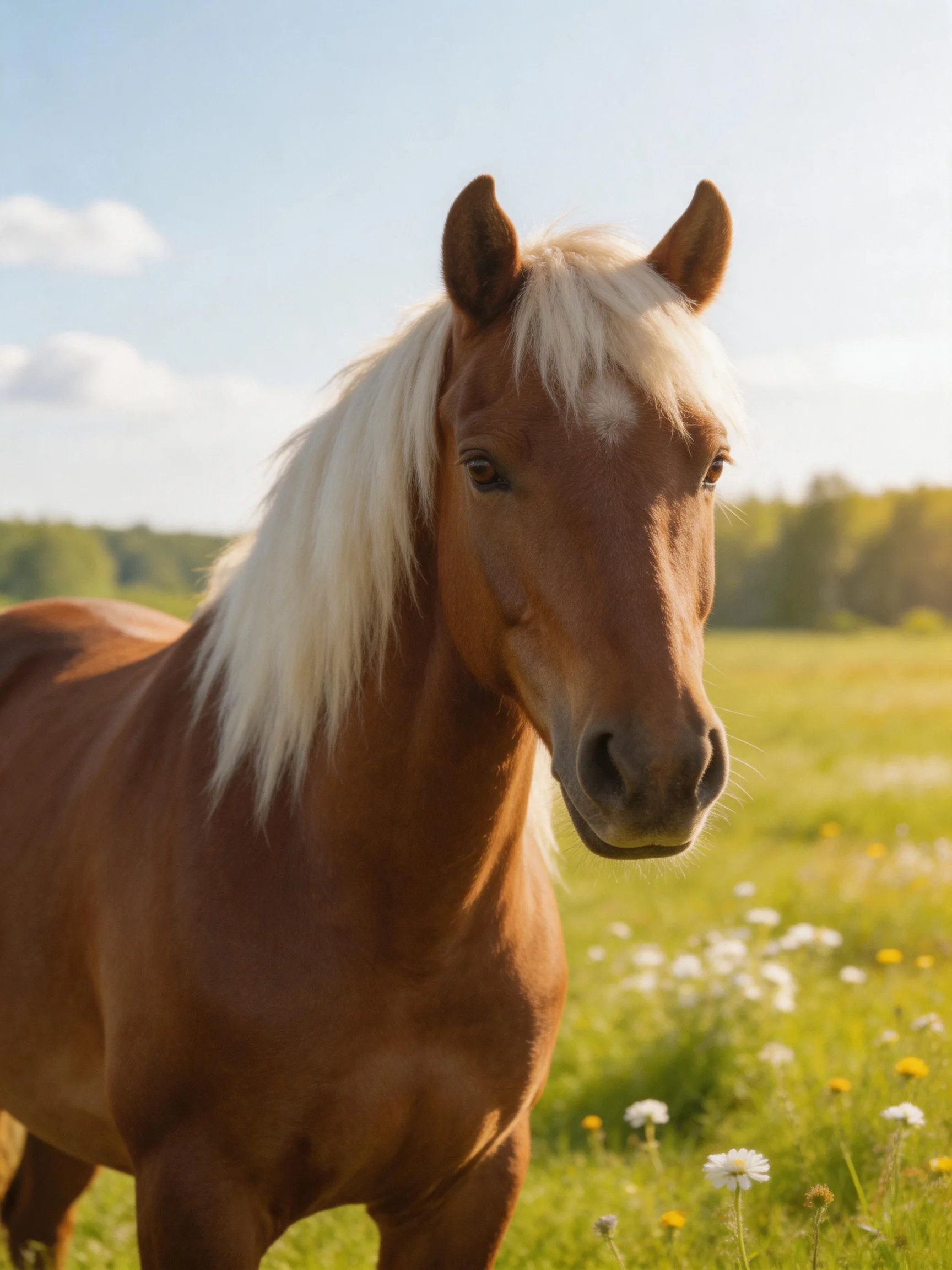 A chestnut horse with a long blonde mane in a sunlit meadow