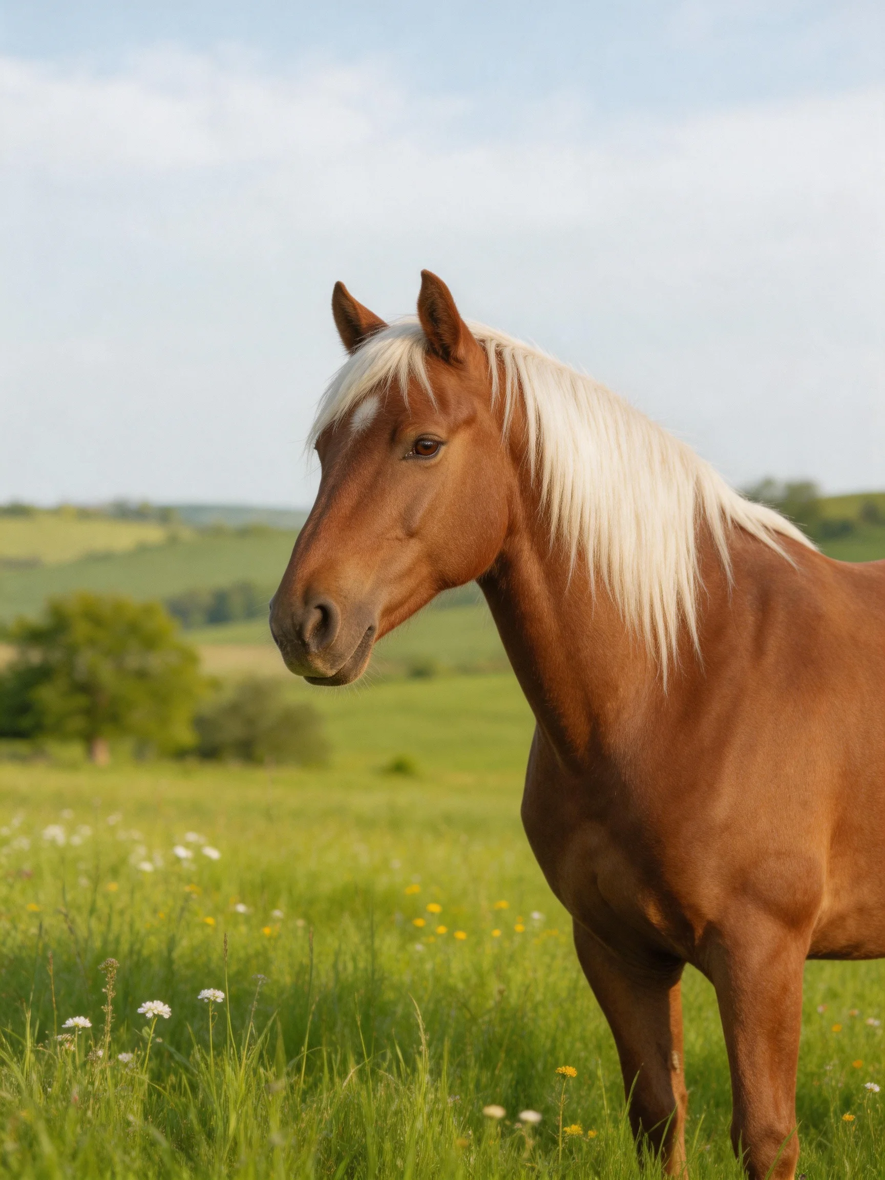 A chestnut horse with a long blonde mane in a verdant meadow