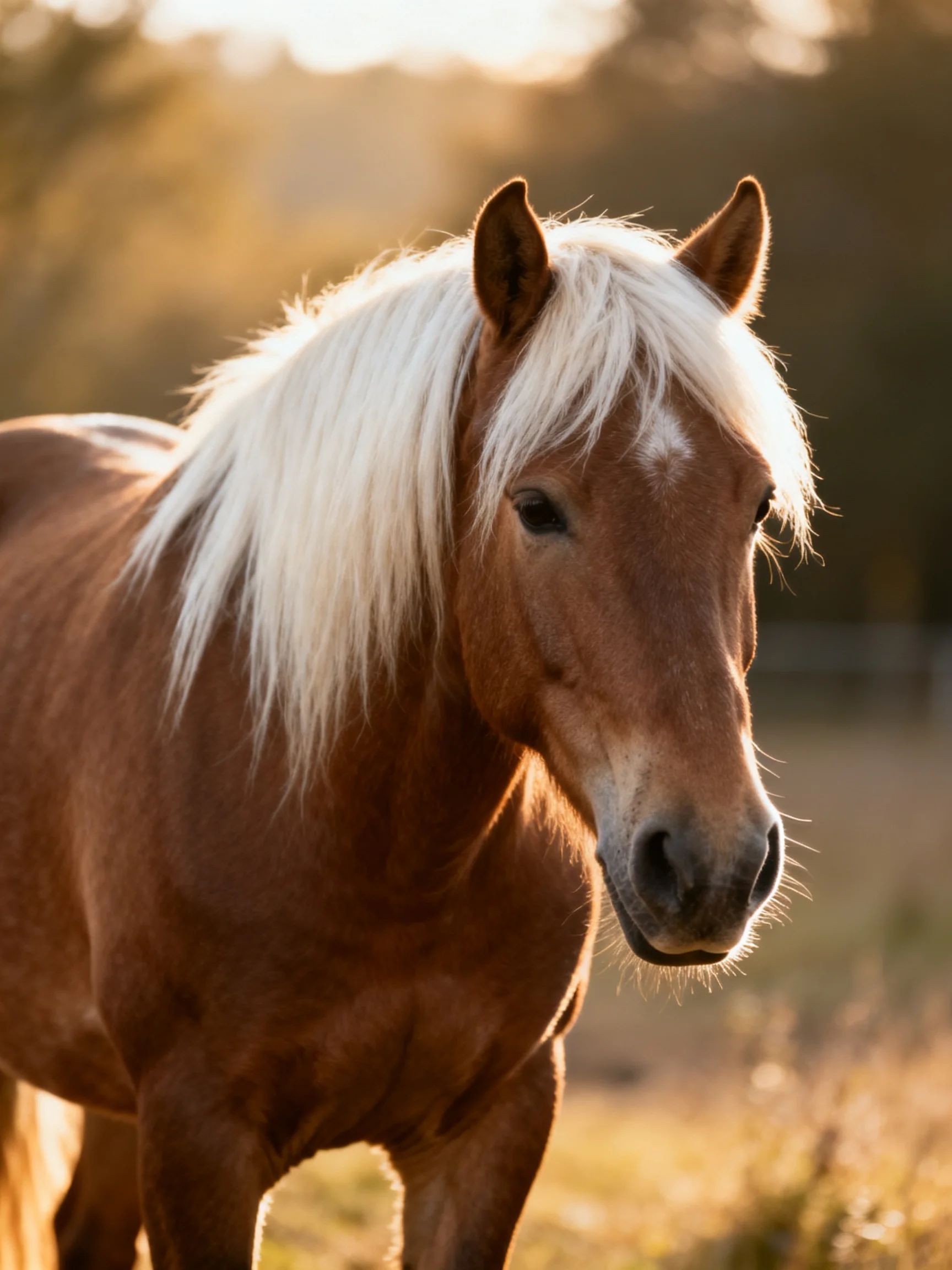 A chestnut horse with a long white mane in golden light