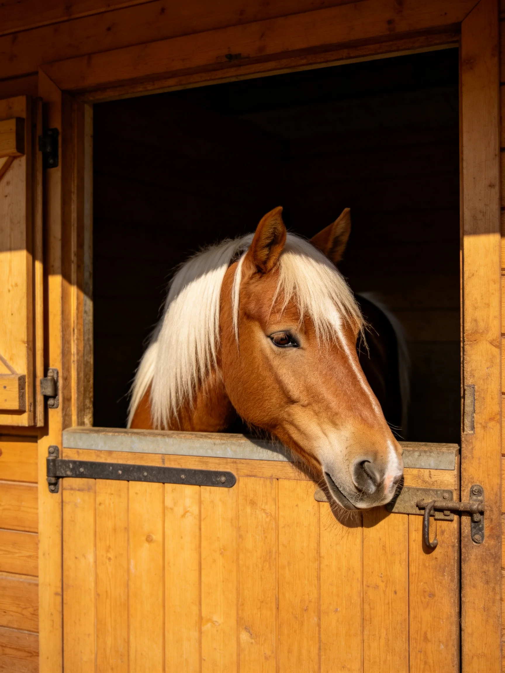 A chestnut horse with a long white mane peers from a wooden stable opening.