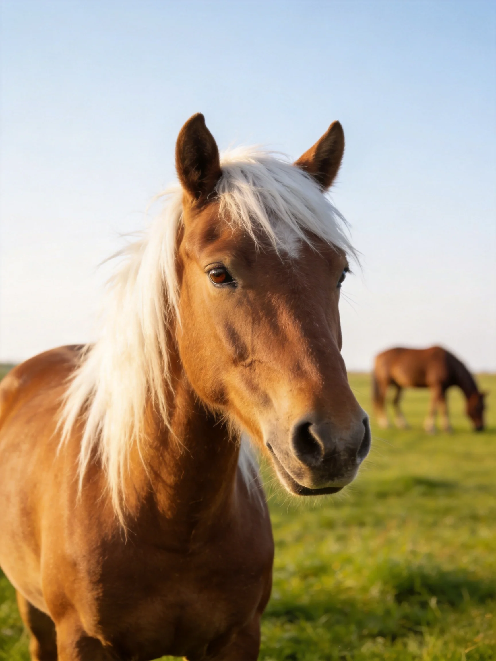 A chestnut horse with a long white mane stands in a green field near a second grazing horse