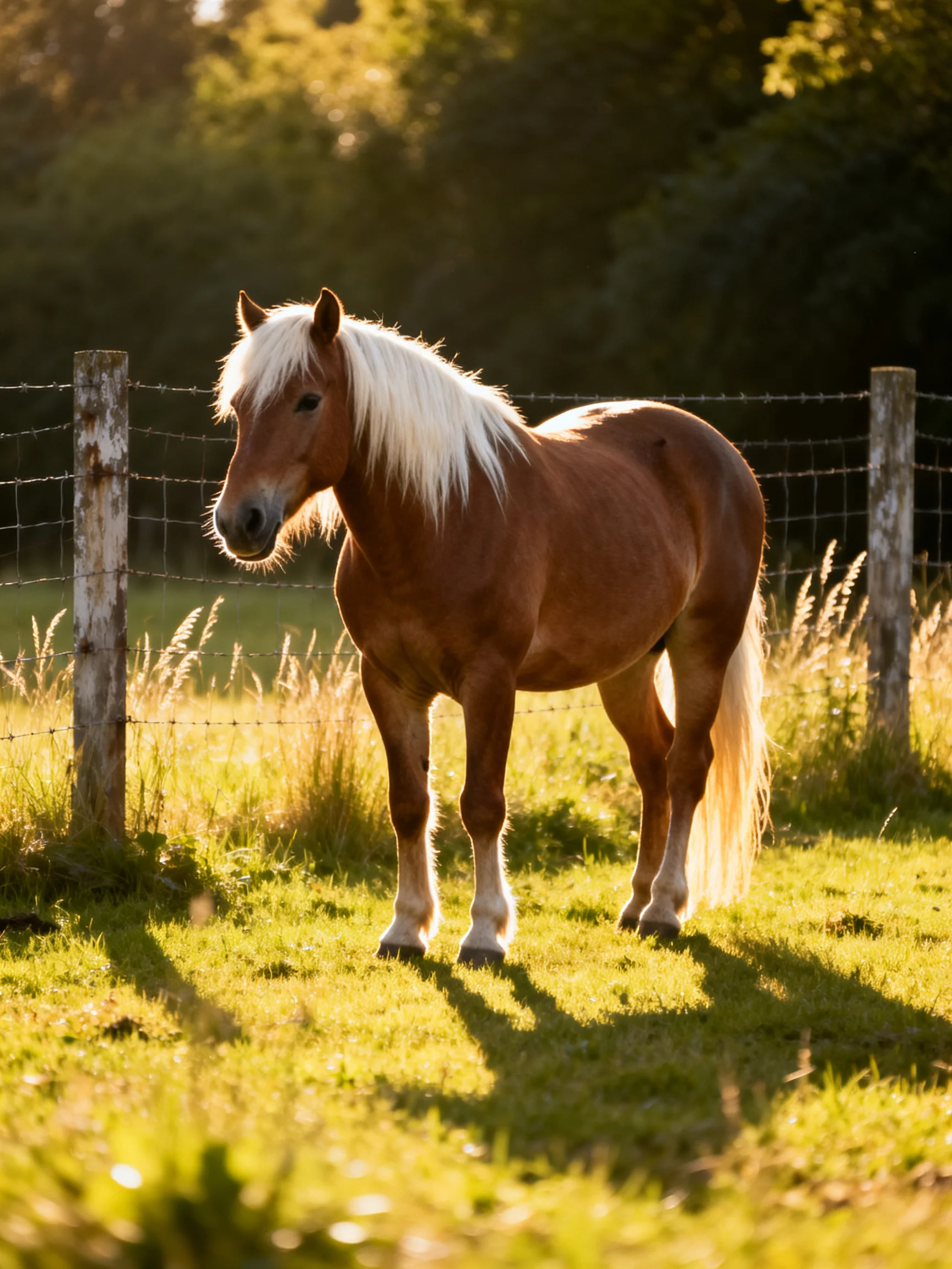 A chestnut horse with a long white mane stands in a sunlit fenced pasture