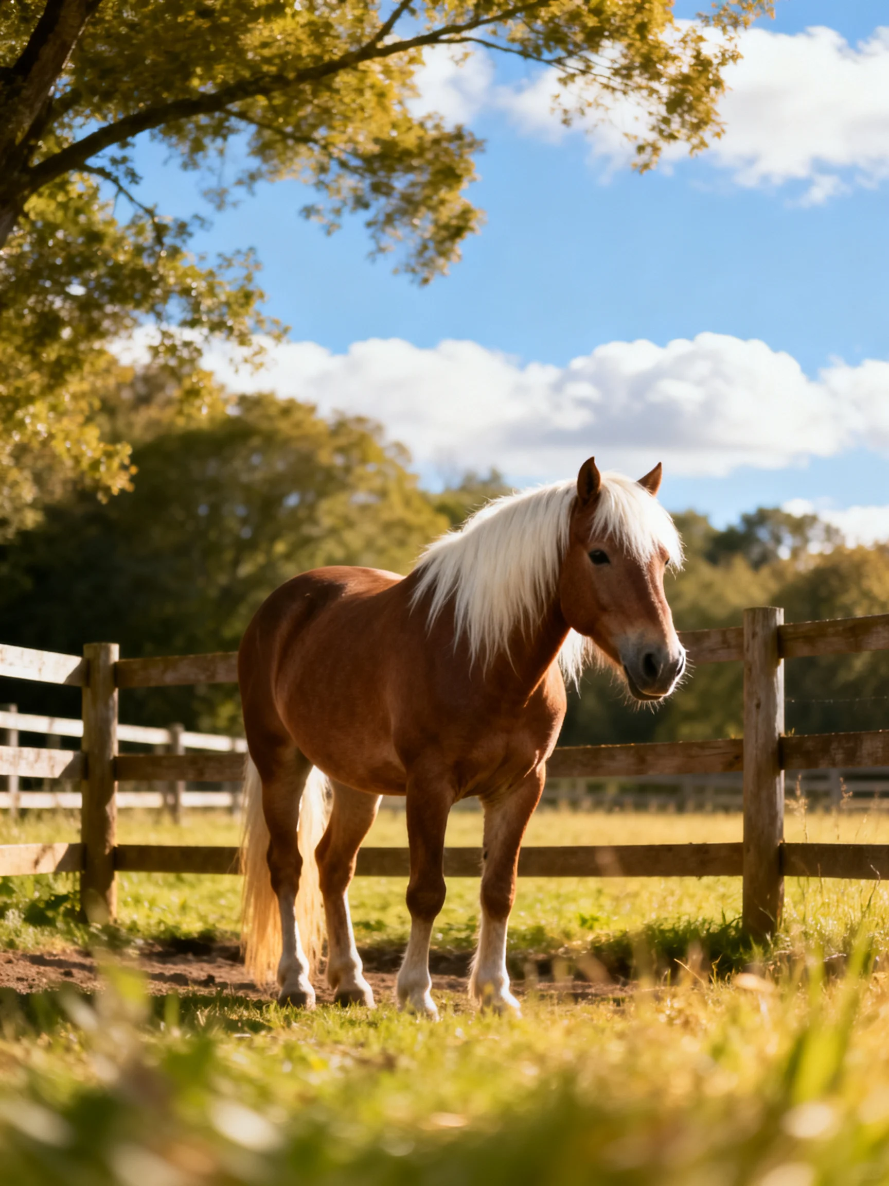 A chestnut horse with a long white mane stands near a wooden fence