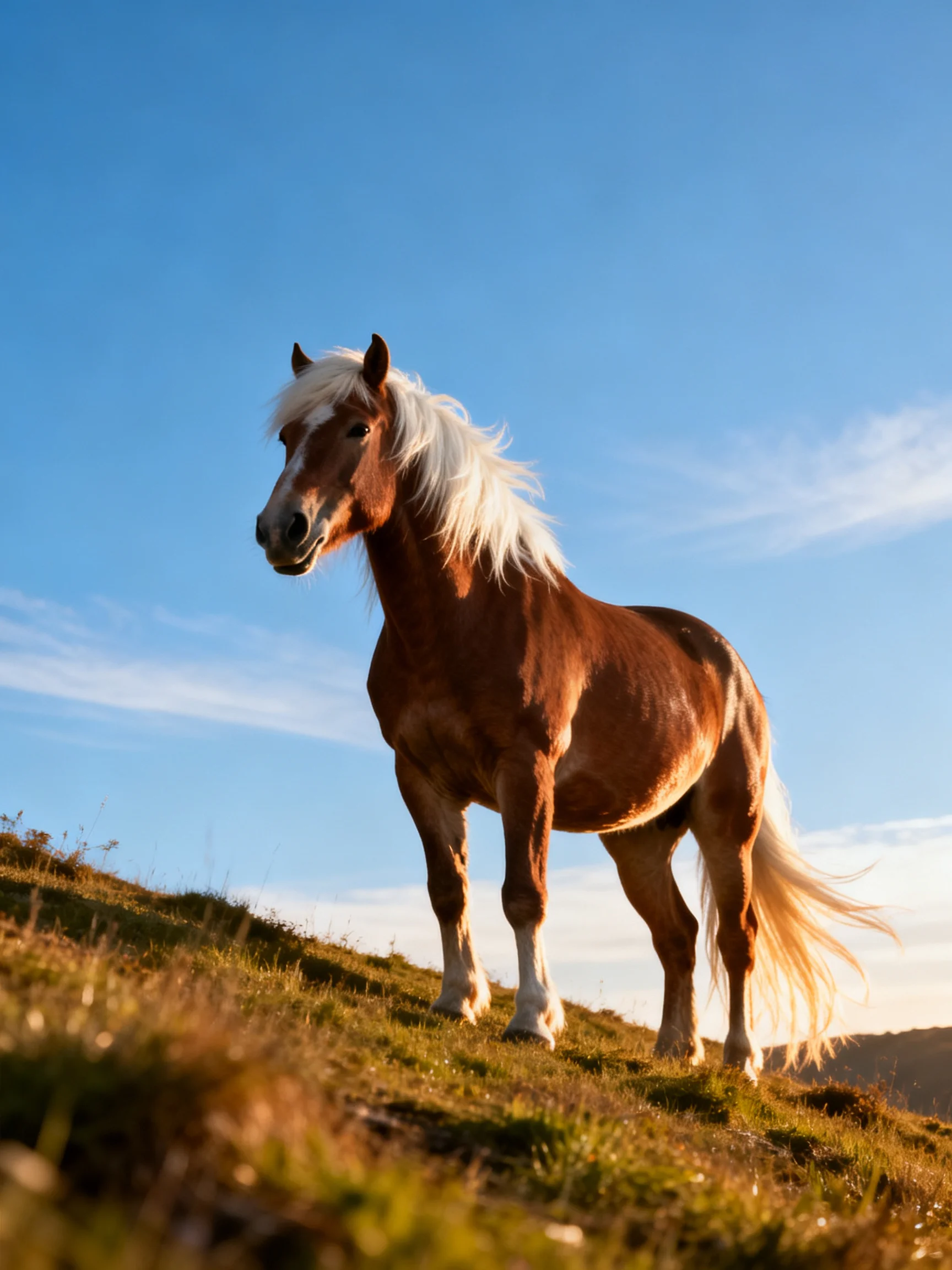 A chestnut horse with a long white mane stands on a grassy hill under a clear blue sky