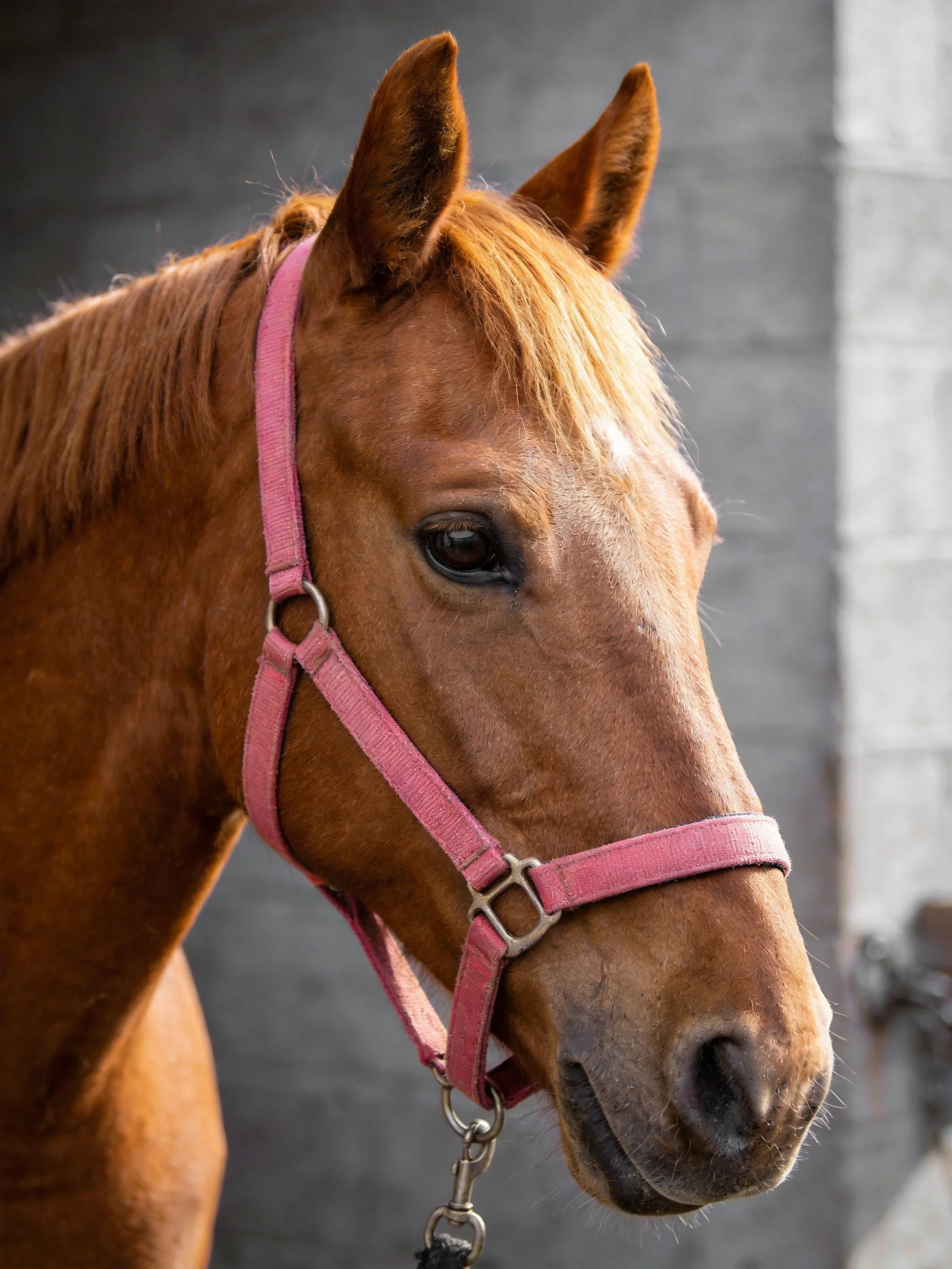A chestnut horse with a pink halter near a gray concrete wall