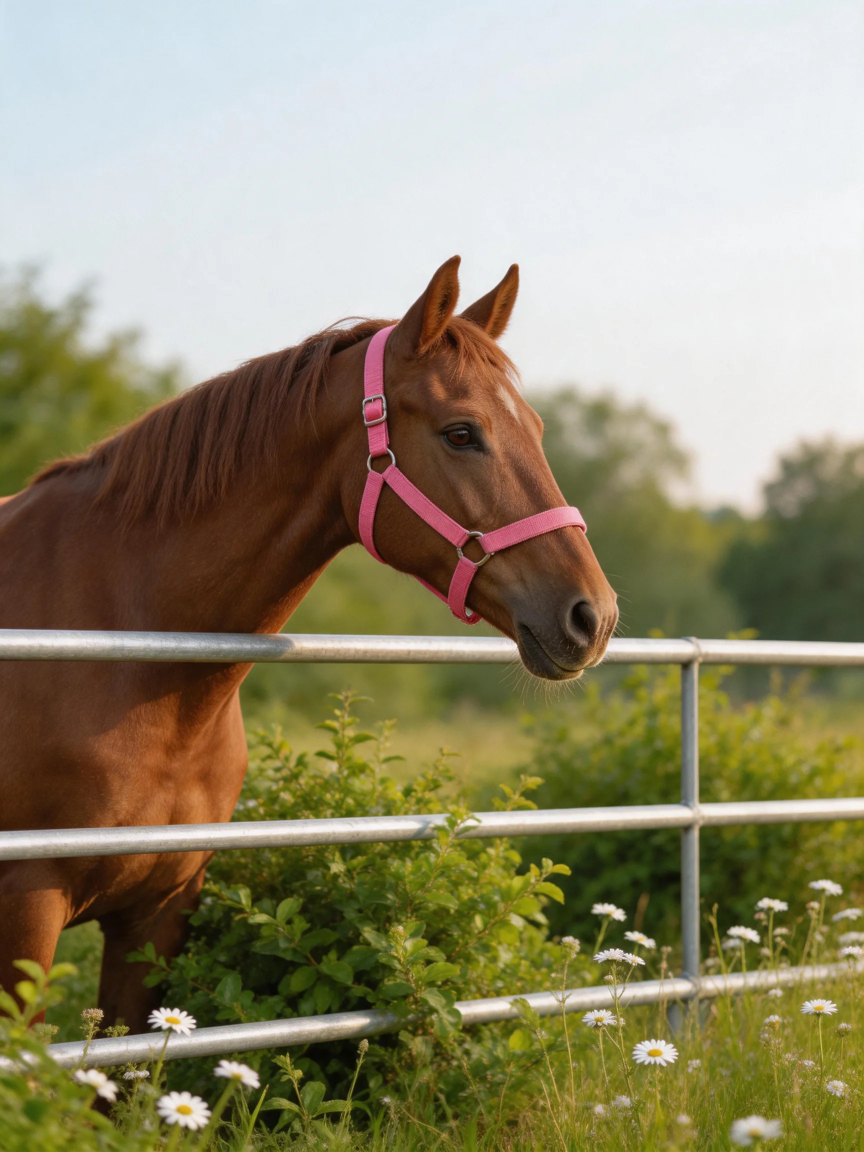 A chestnut horse wearing a pink halter is near a metal fence with surrounding vegetation.