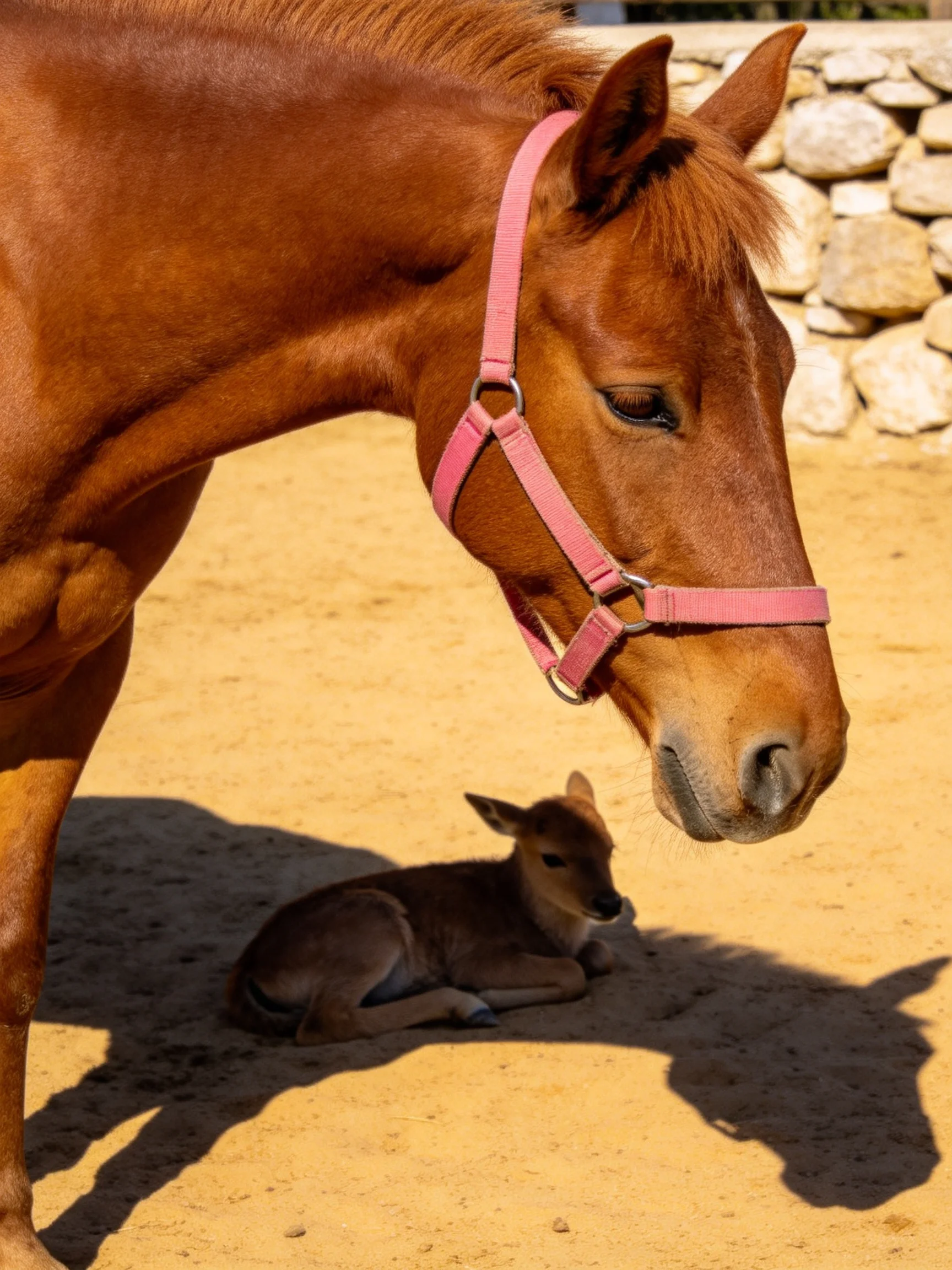 A chestnut horse with a pink halter stands near a resting young animal