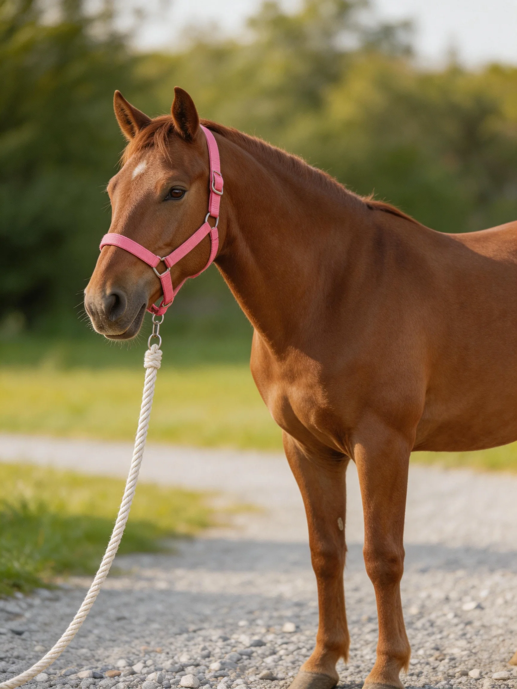 A chestnut horse with a pink halter stands calmly on a gravel path outdoors.