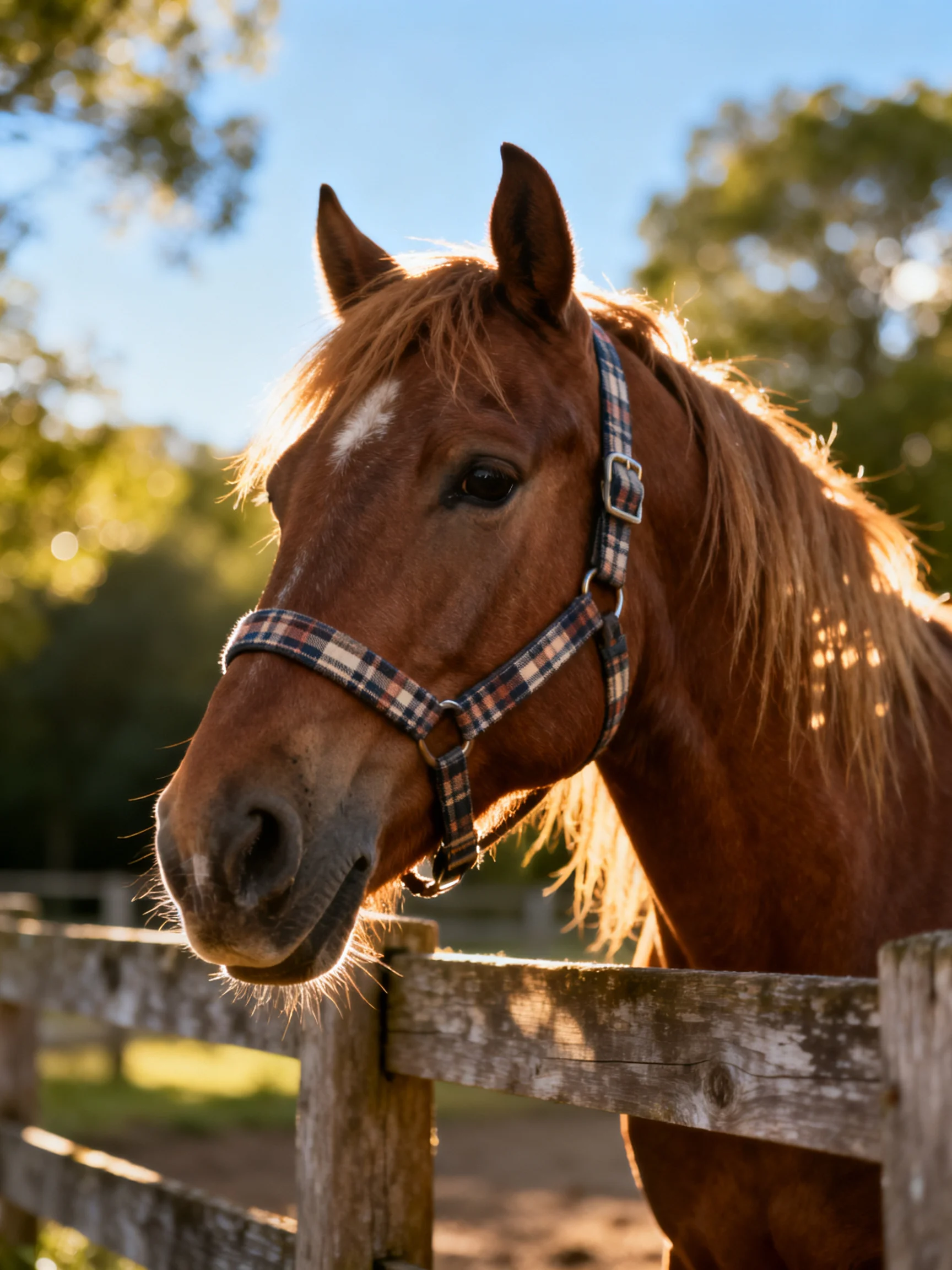 A chestnut horse with a plaid halter near a weathered wooden fence