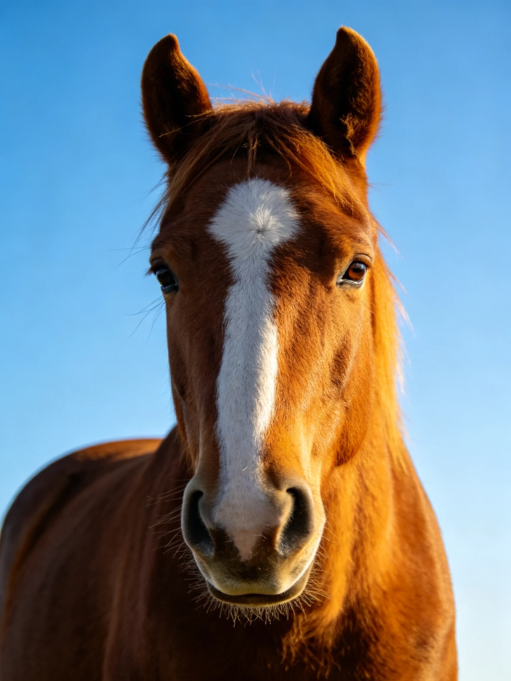 A chestnut horse with a prominent white blaze against a clear blue sky