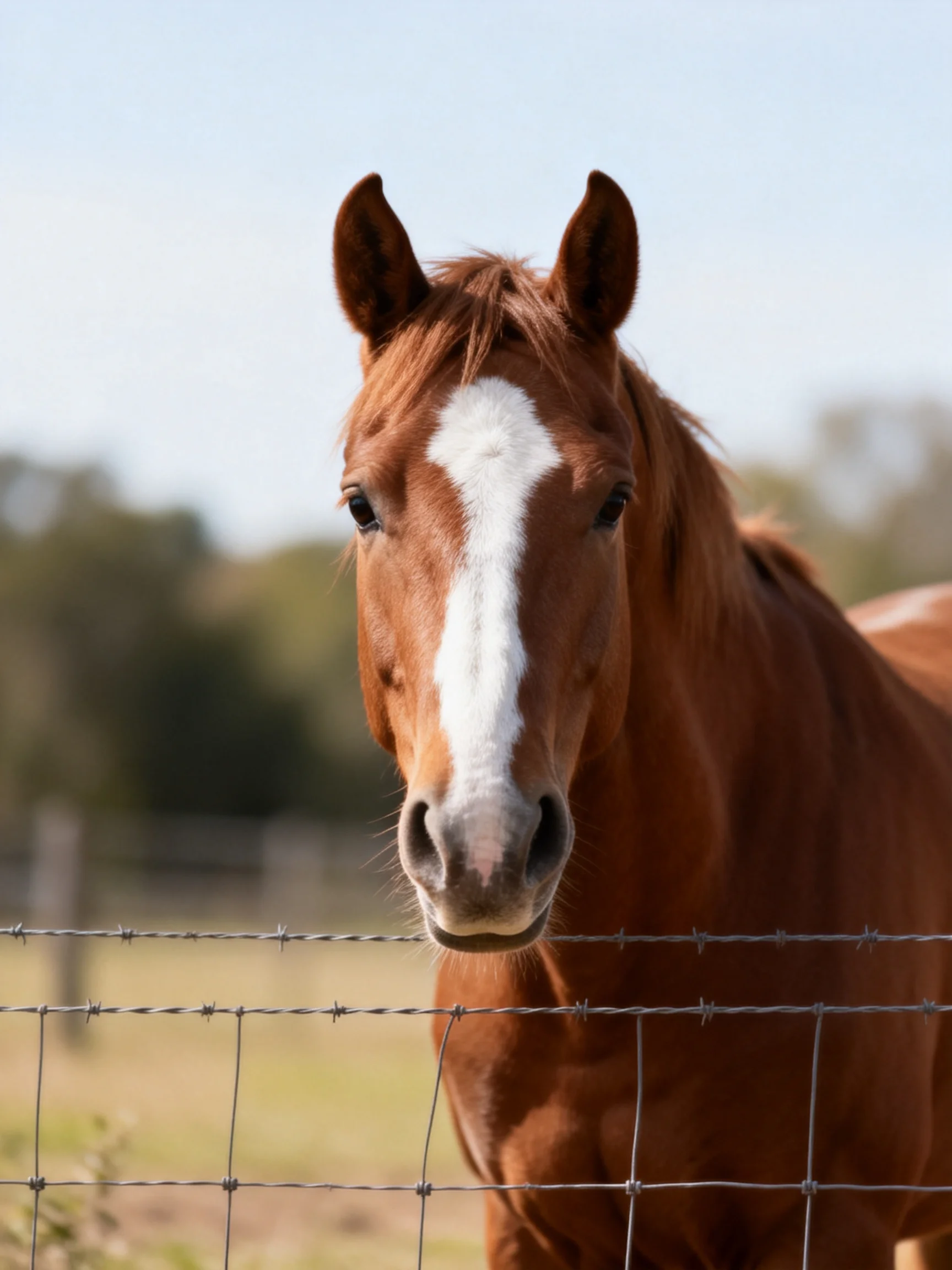 A chestnut horse with a prominent white blaze by a barbed wire fence