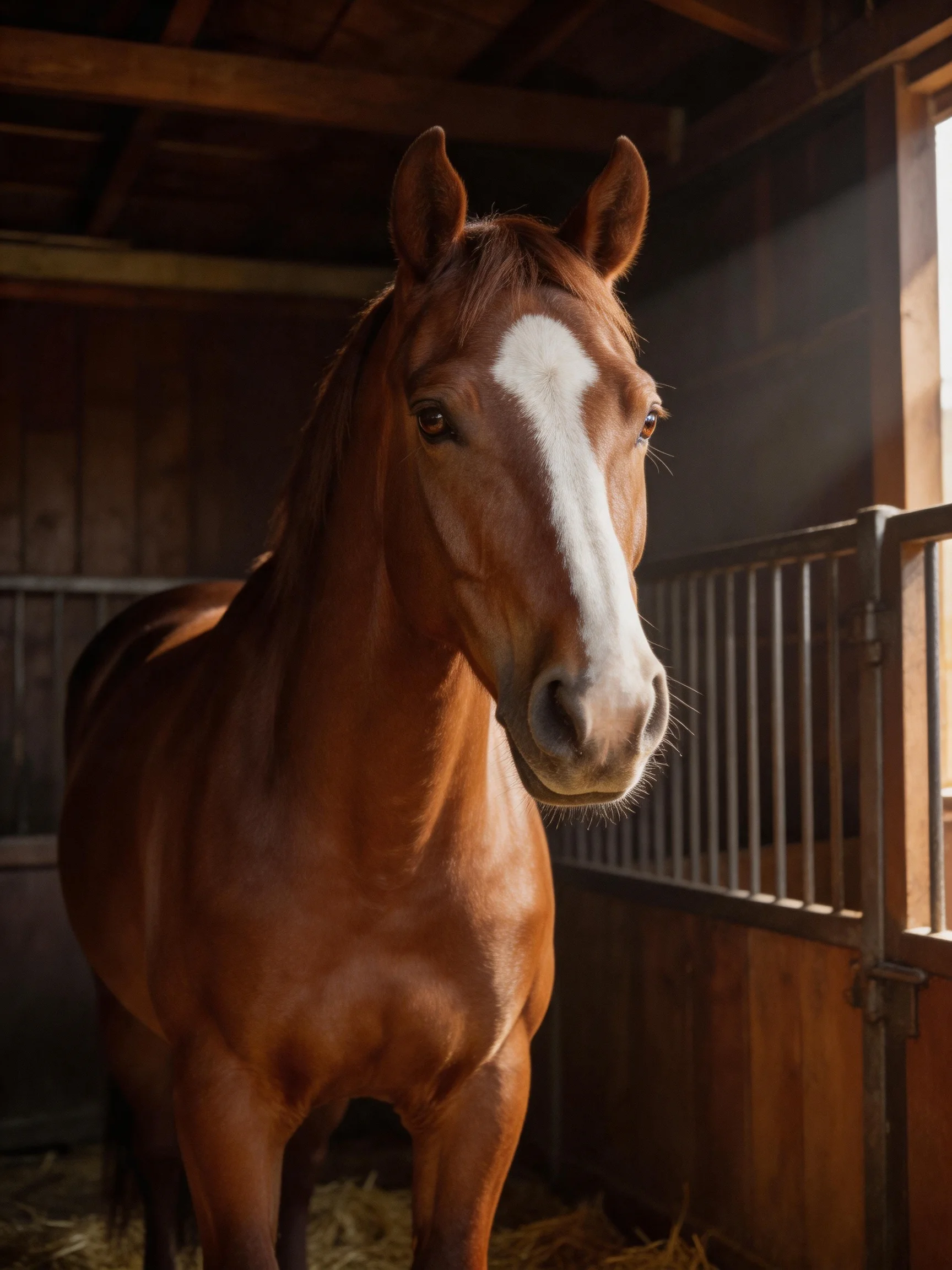 A chestnut horse with a prominent white blaze in a rustic barn stall