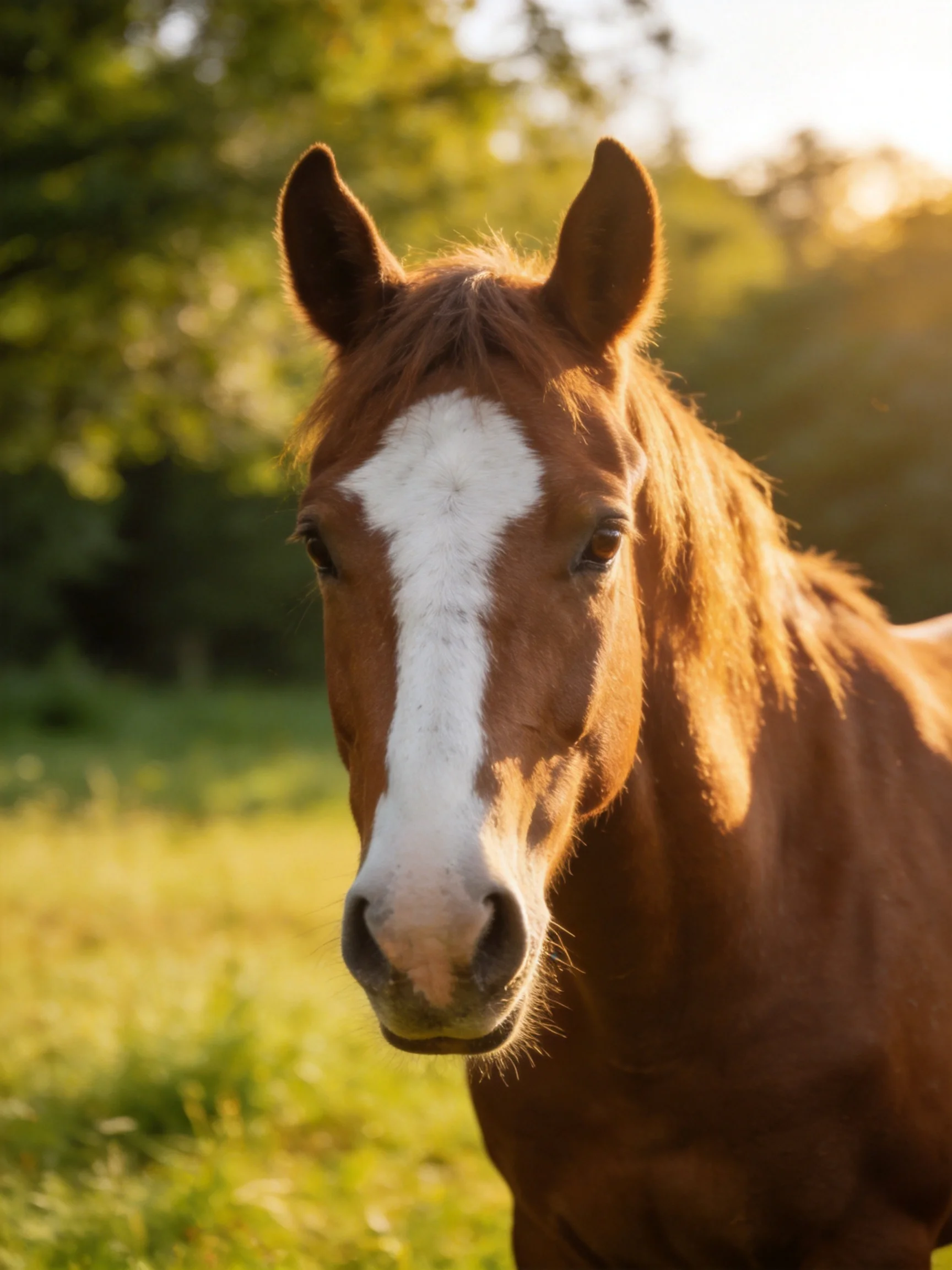 A chestnut horse with a prominent white blaze in a sunlit meadow