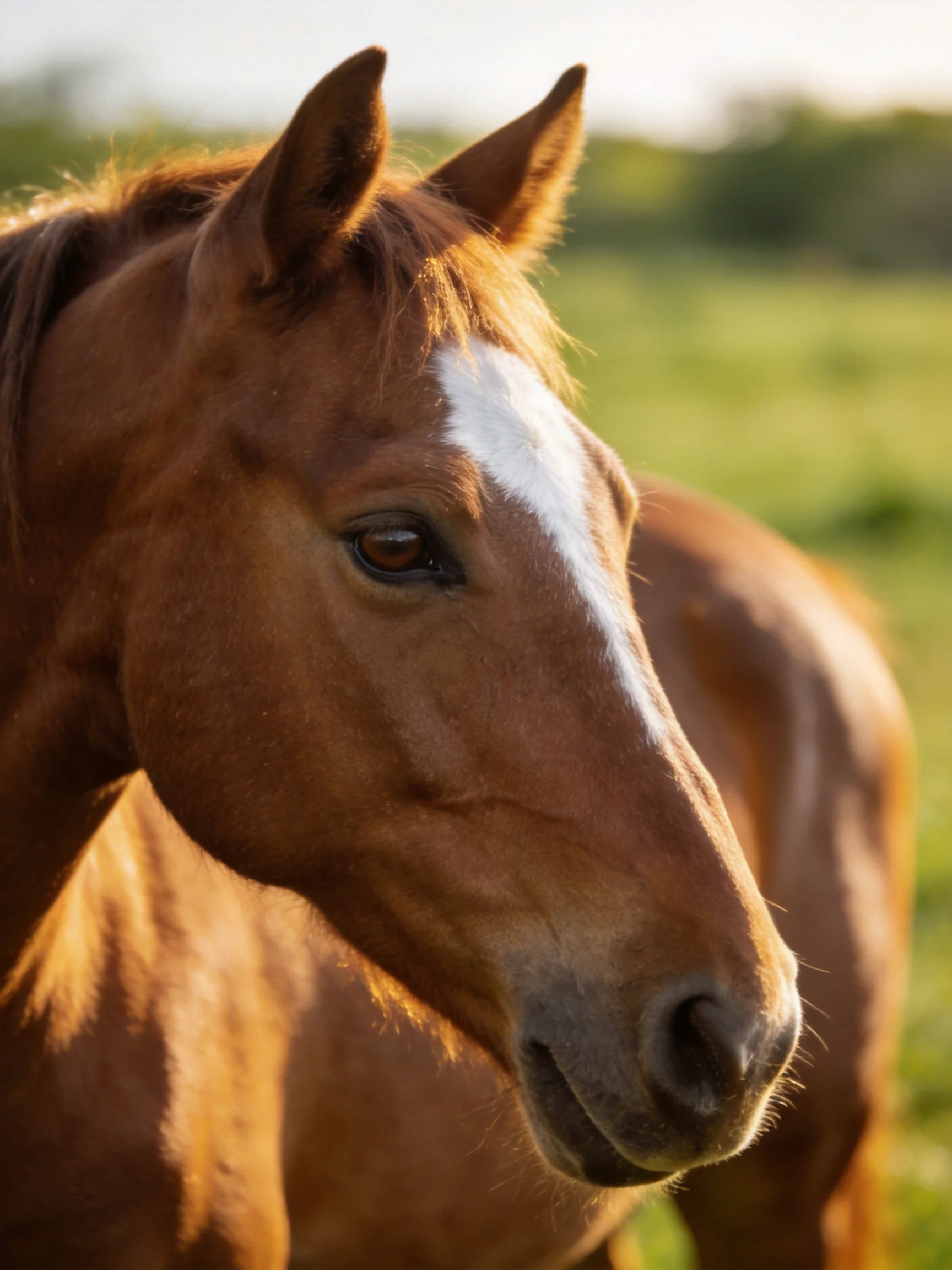 A chestnut horse with a prominent white blaze in a sunlit meadow