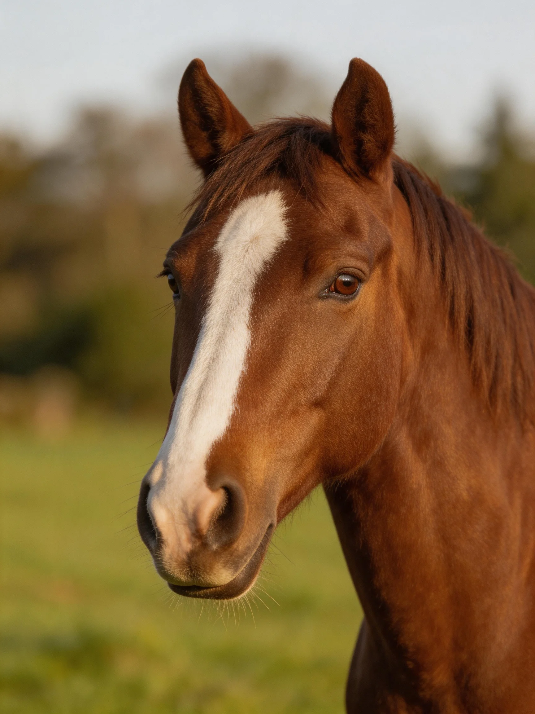 A chestnut horse with a prominent white blaze in an open field