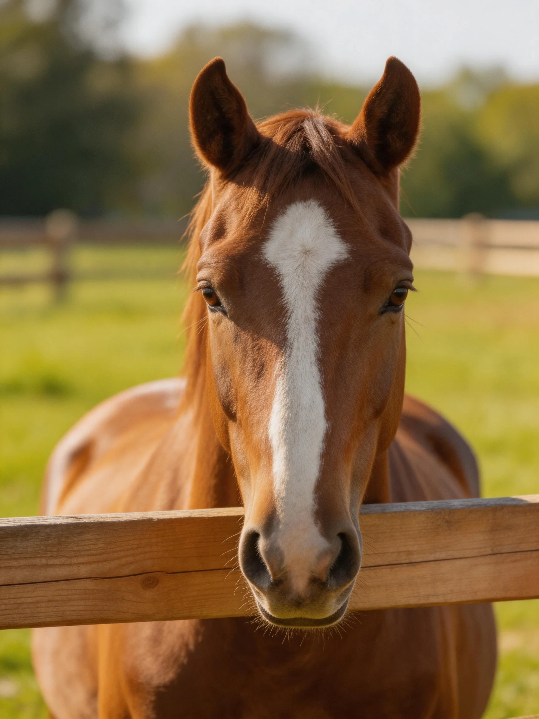 A chestnut horse with a prominent white blaze stands by a wooden fence