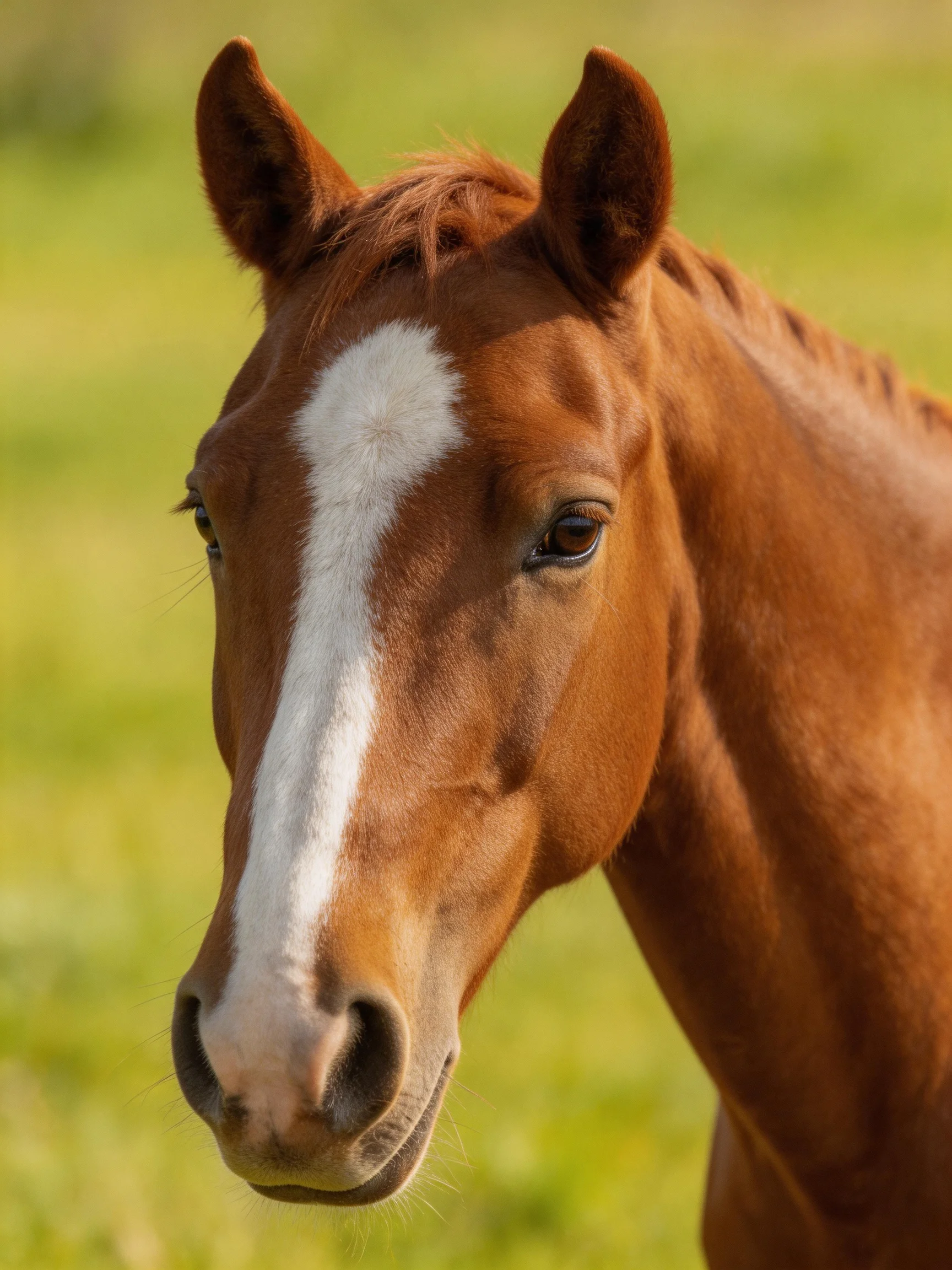 A chestnut horse with a prominent white blaze stands in a green field