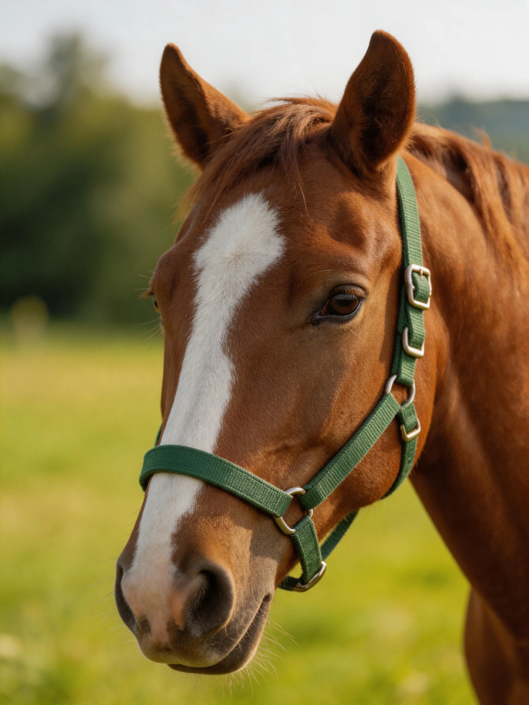 A chestnut horse with a prominent white blaze wears a green halter
