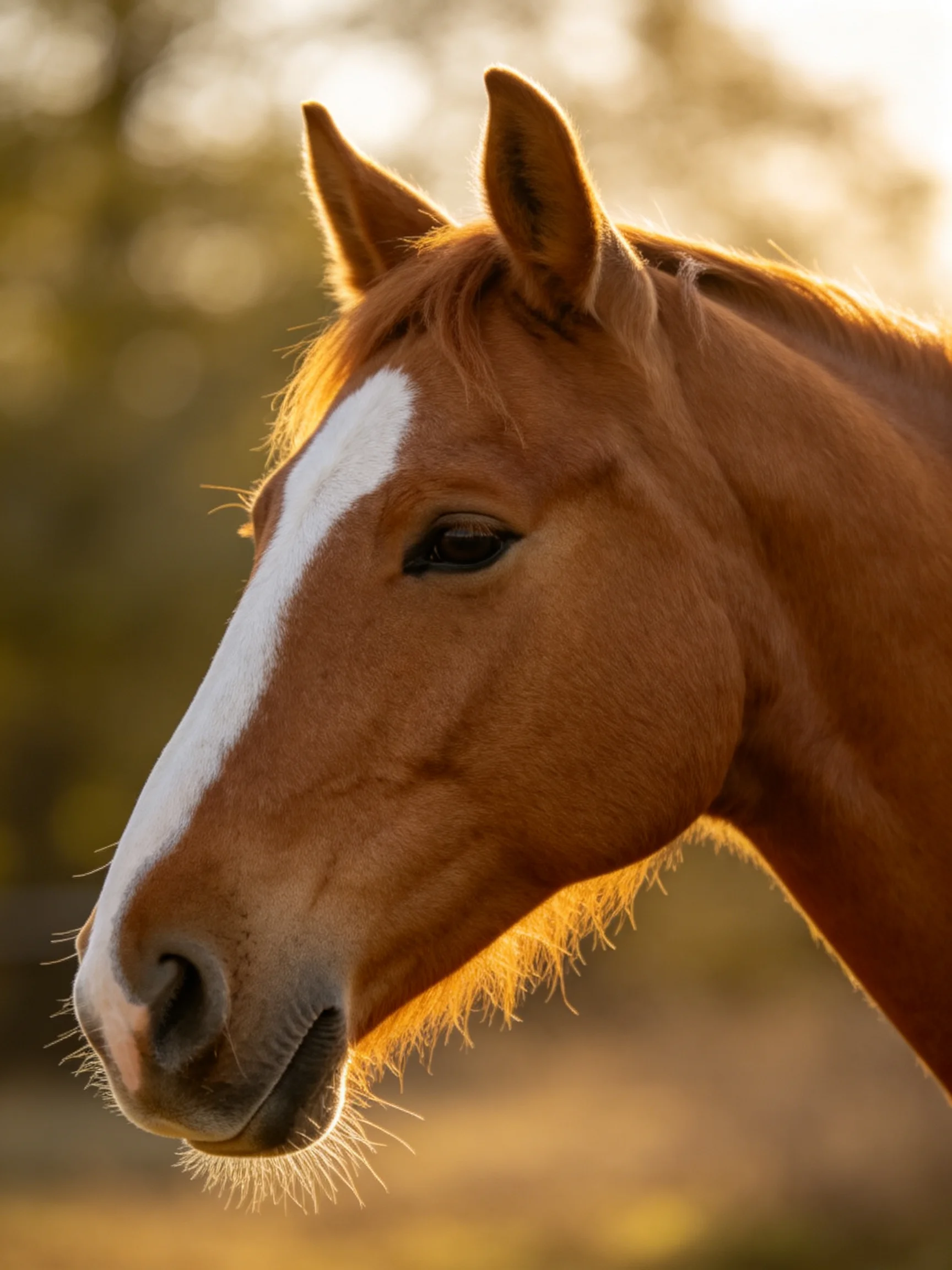 A chestnut horse with a prominent white facial marking in golden light