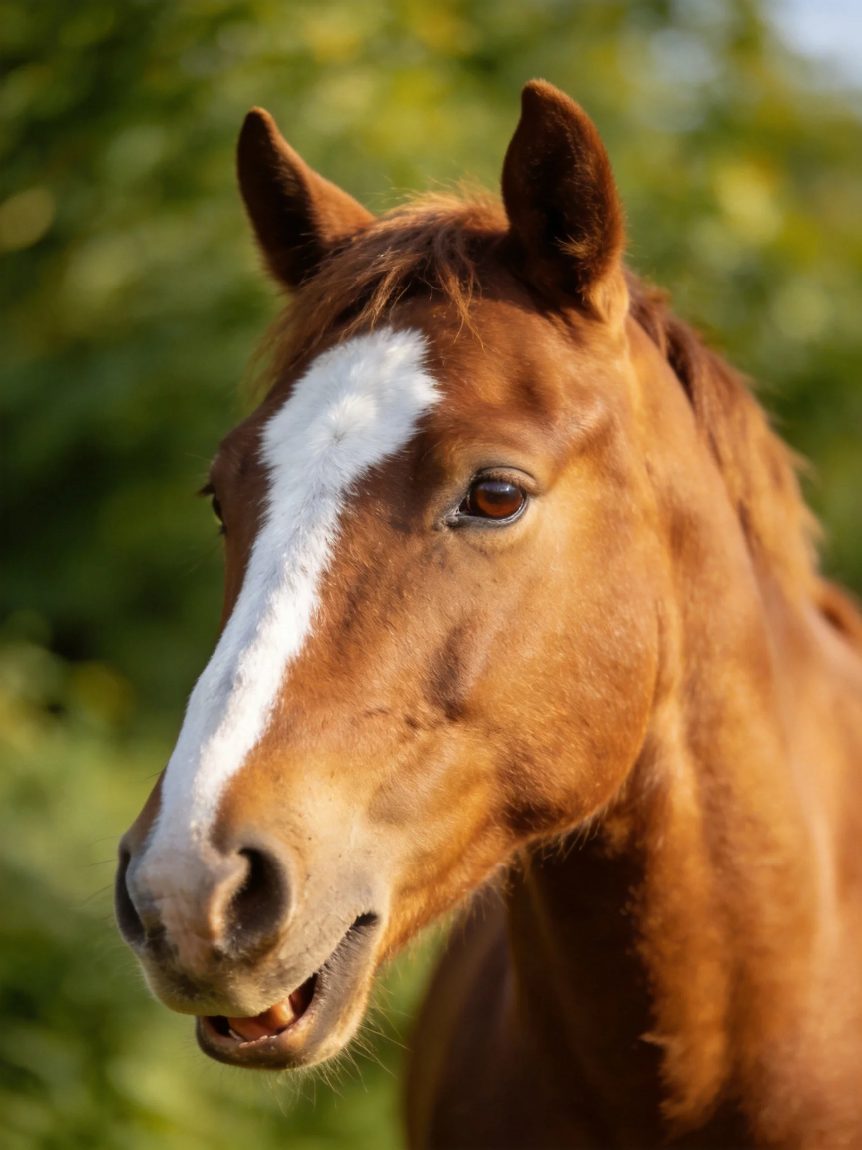 A chestnut horse with a prominent white facial stripe