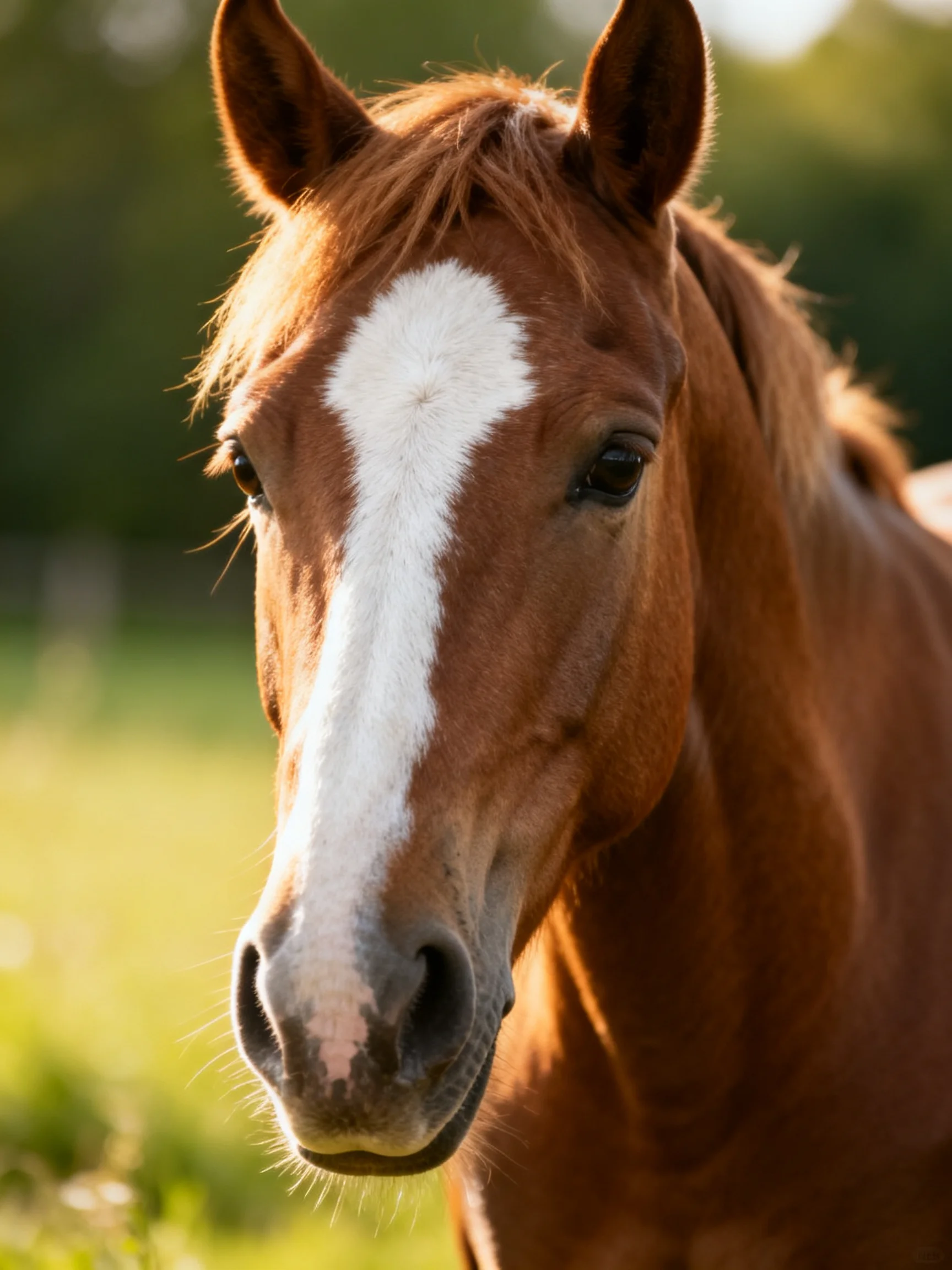 A chestnut horse with a prominent white facial stripe in a sunlit field