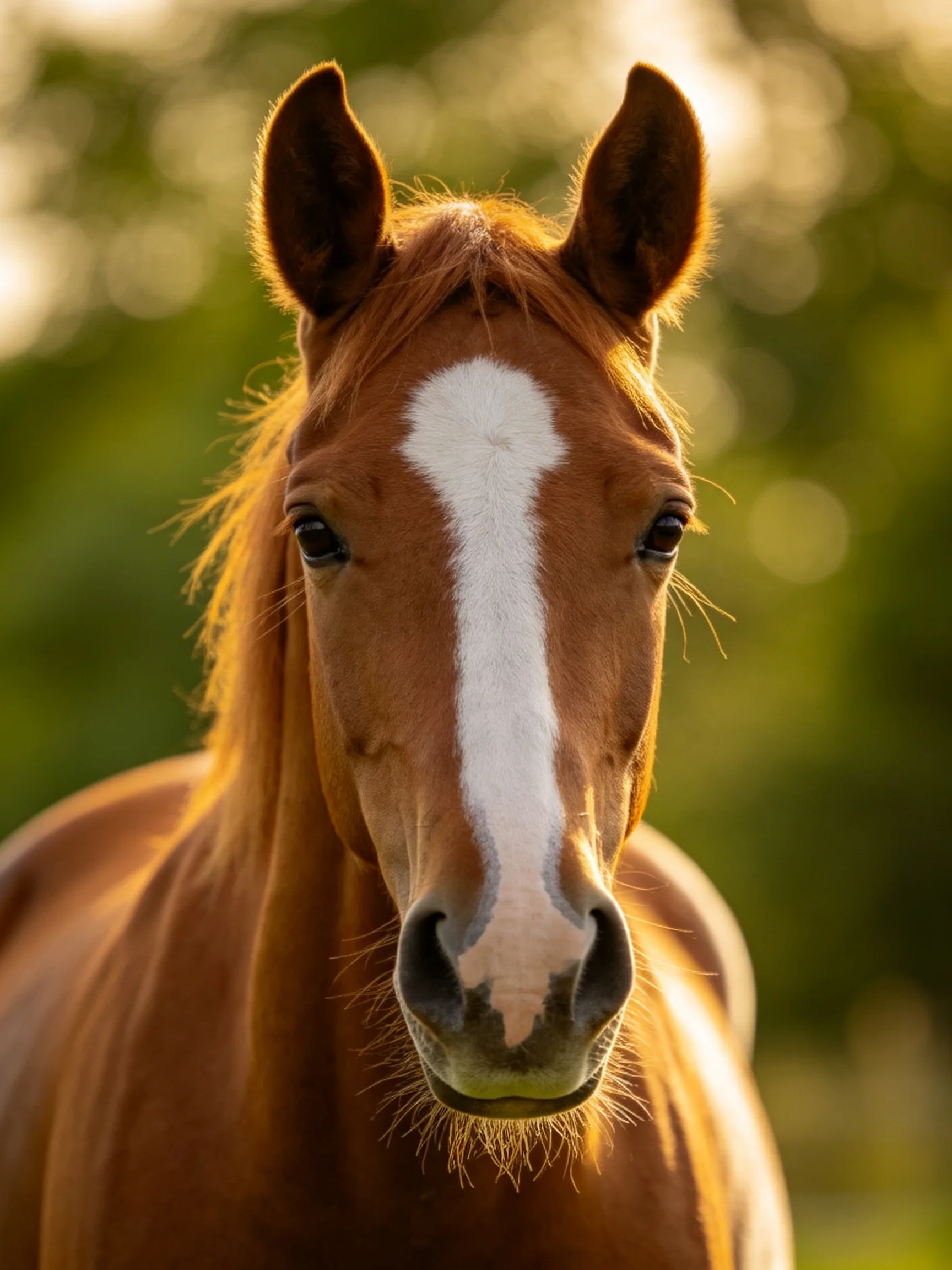 A chestnut horse with a prominent white facial stripe in natural light